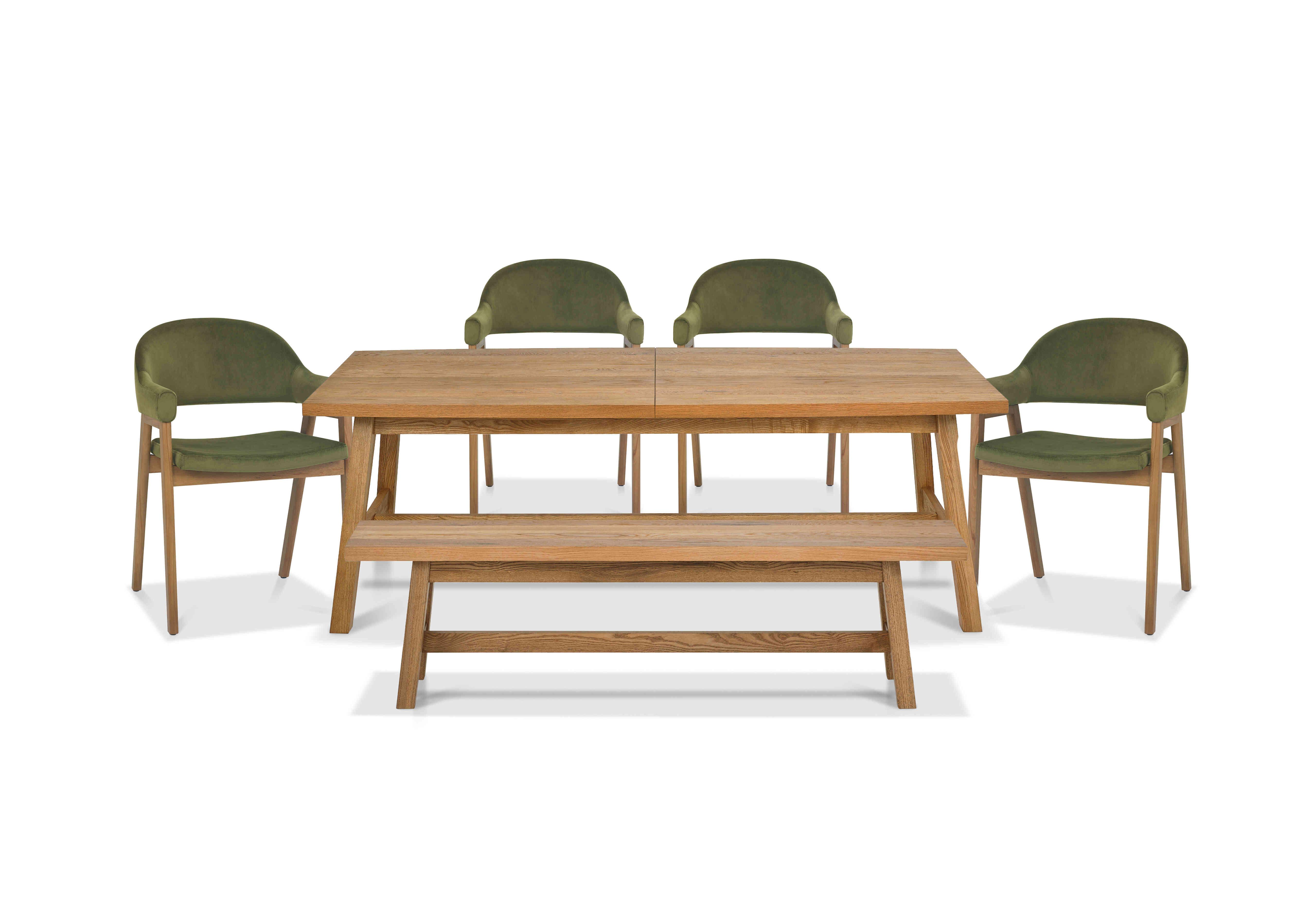 Stratford Large Extending Dining Table with Small Dining Bench and 4 Fabric Dining Arm Chairs in Cedar Velvet on Furniture Village