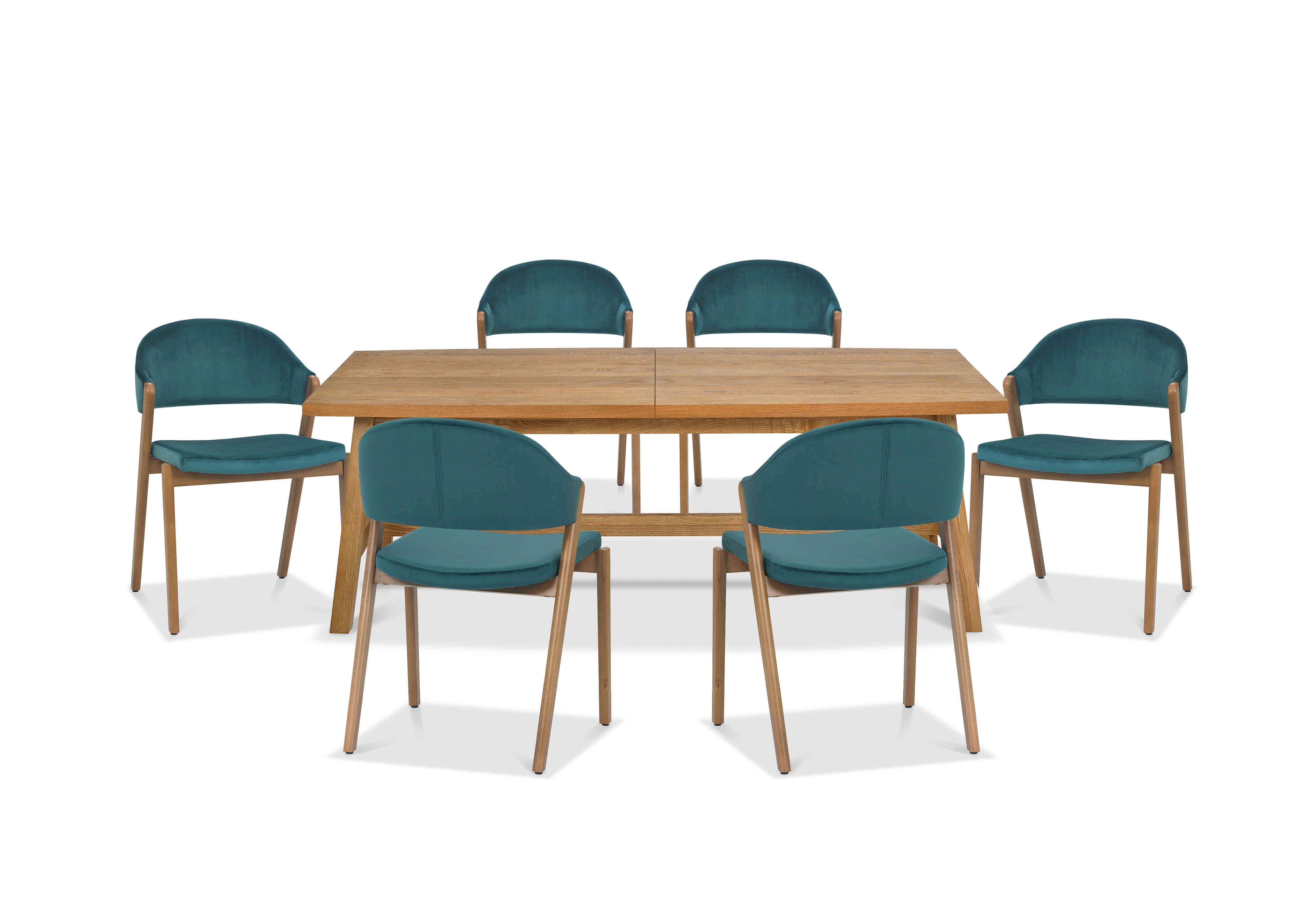 Stratford Large Extending Dining Table with 6 Fabric Dining Chairs in Azure Velvet on Furniture Village