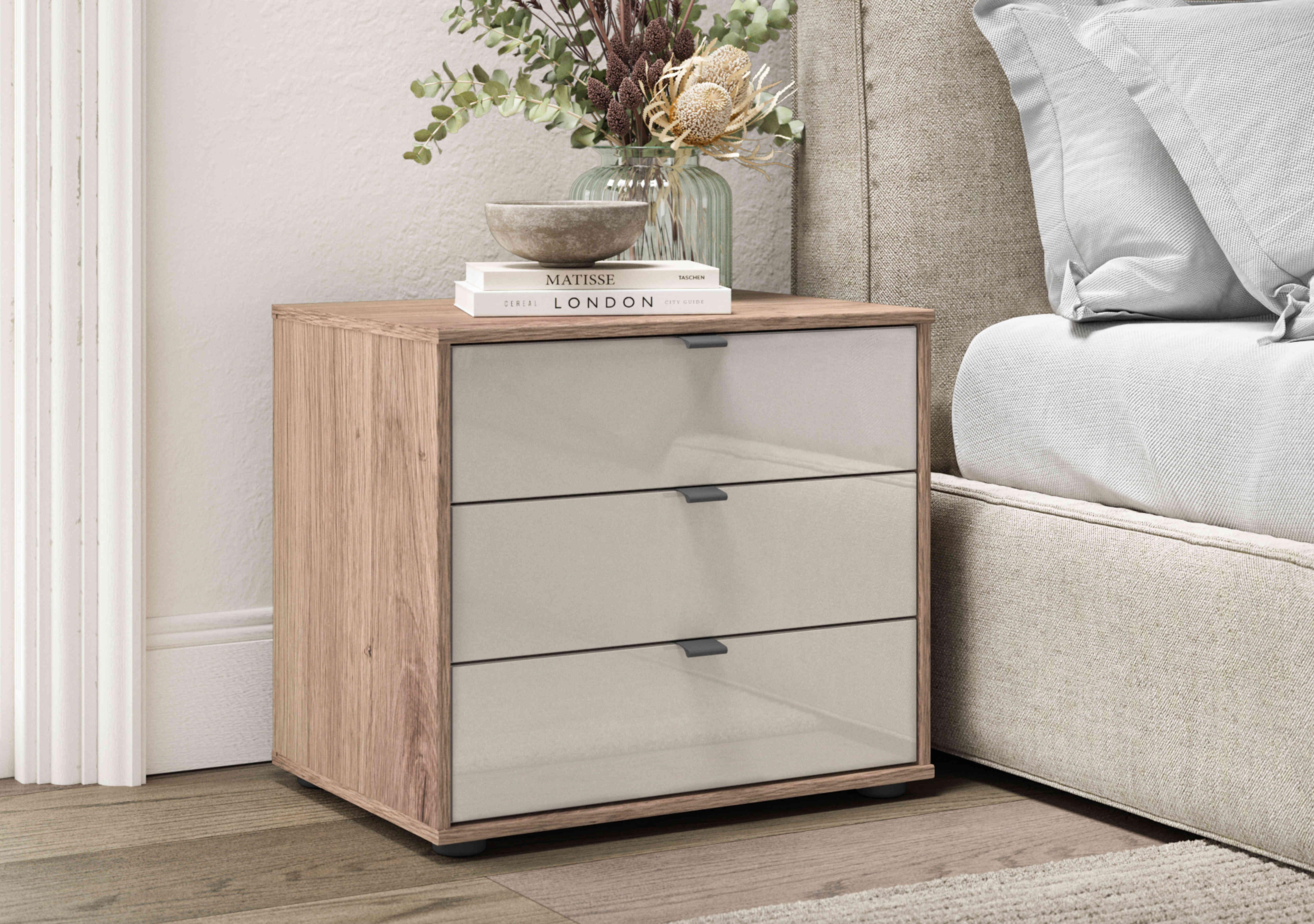 Hong Kong 3 Drawer Bedside Cabinet with Glass Drawers in  on Furniture Village