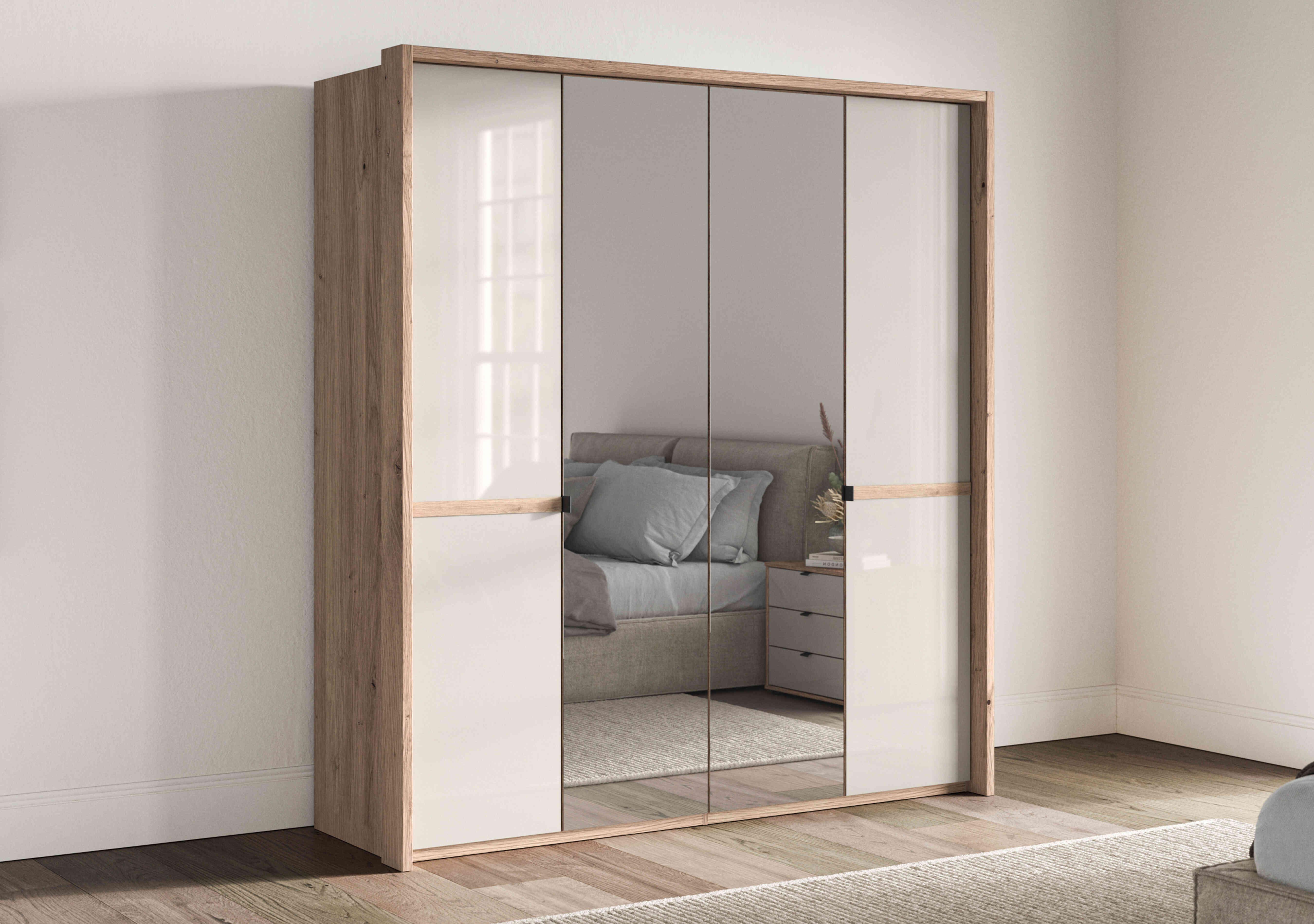 Hong Kong 4 Door Hinged Wardrobe with 2 Glass Doors and 2 Mirror Doors in  on Furniture Village