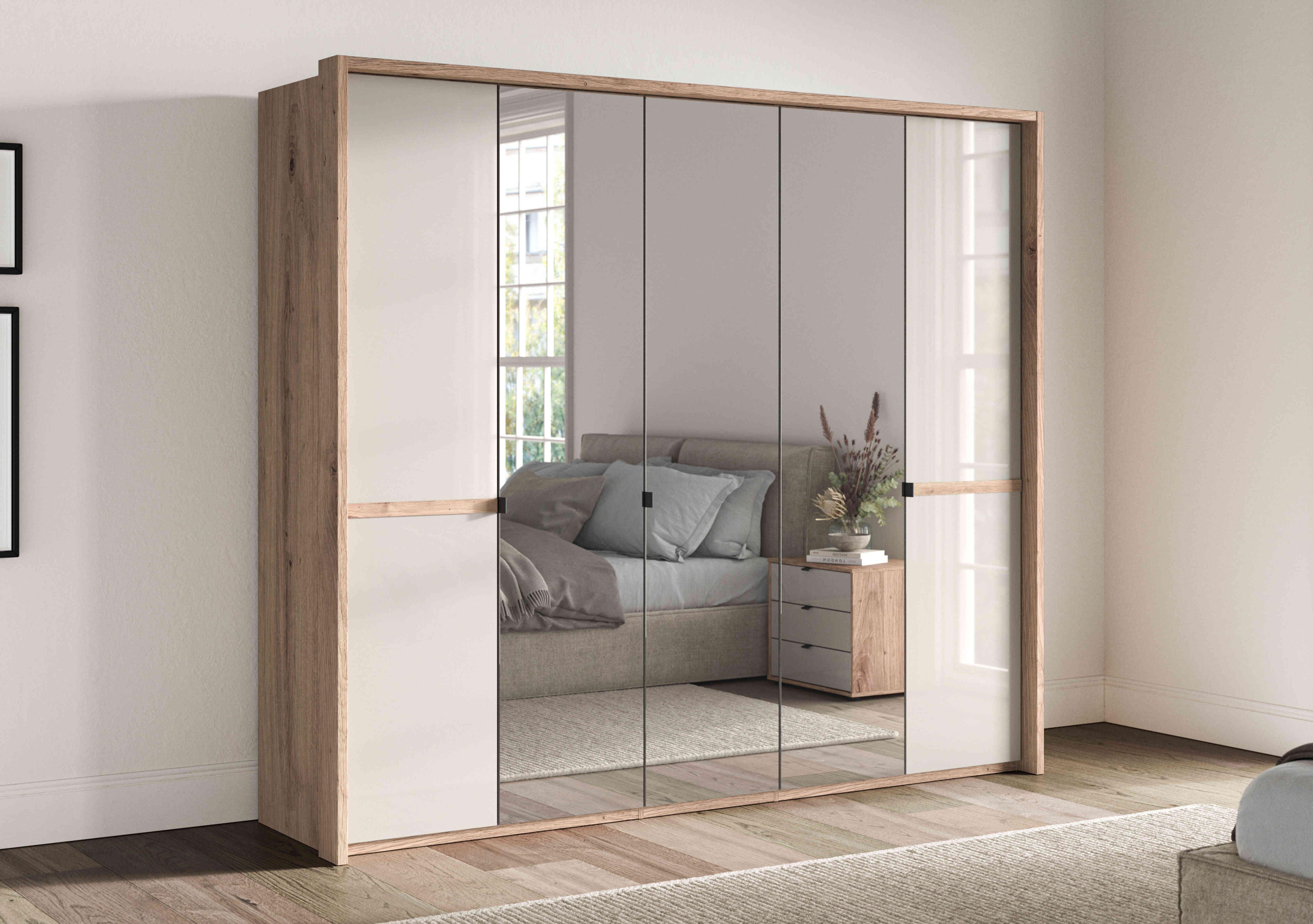 Hong Kong 5 Door Hinged Wardrobe with 2 Glass Doors and 3 Mirror Doors in  on Furniture Village