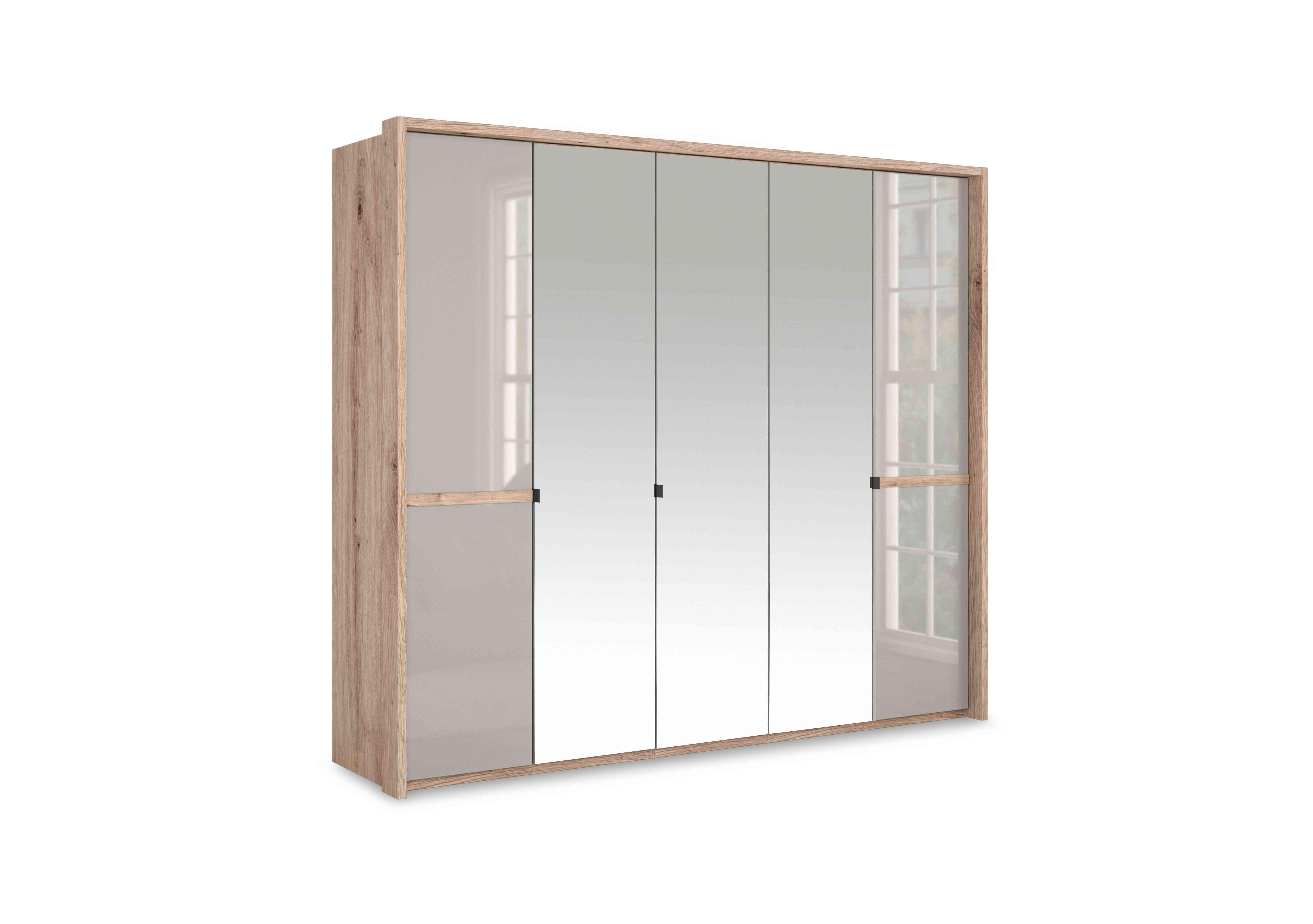 Hong Kong 5 Door Hinged Wardrobe with 2 Glass Doors and 3 Mirror Doors in Pebble Grey on Furniture Village