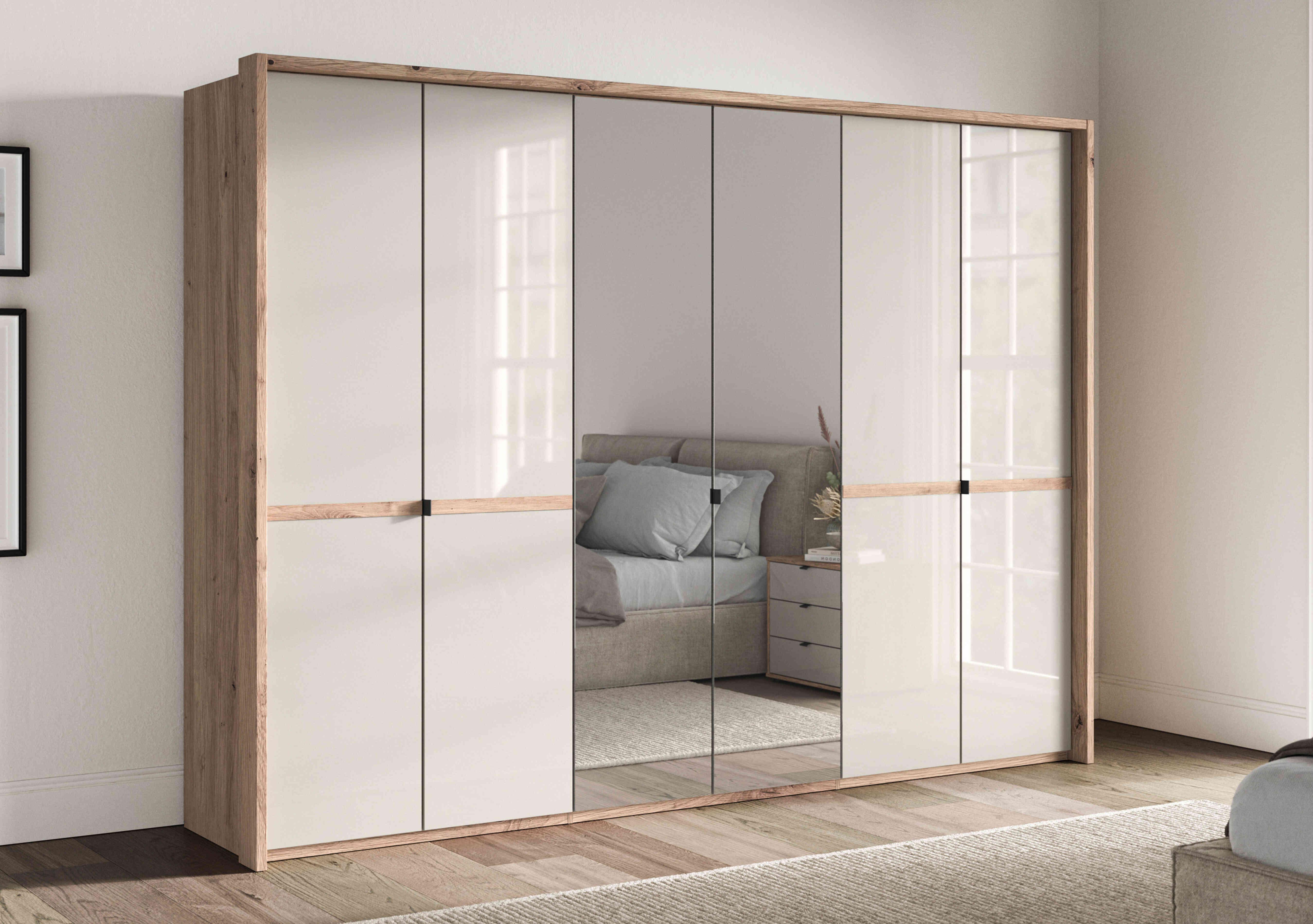 Hong Kong 6 Door Hinged Wardrobe with 4 Glass Doors and 2 Mirror Doors in  on Furniture Village