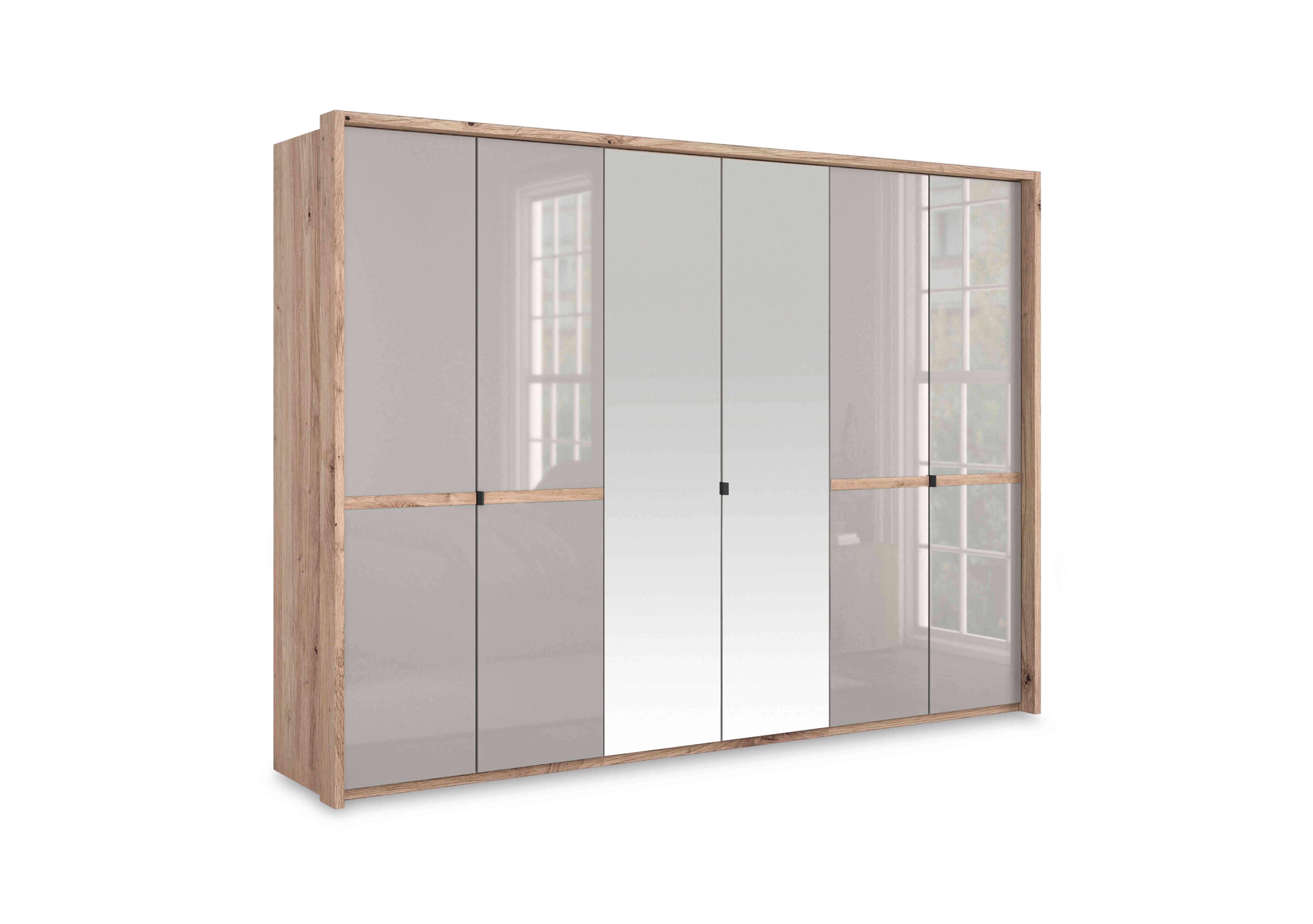 Hong Kong 6 Door Hinged Wardrobe with 4 Glass Doors and 2 Mirror Doors in Pebble Grey on Furniture Village
