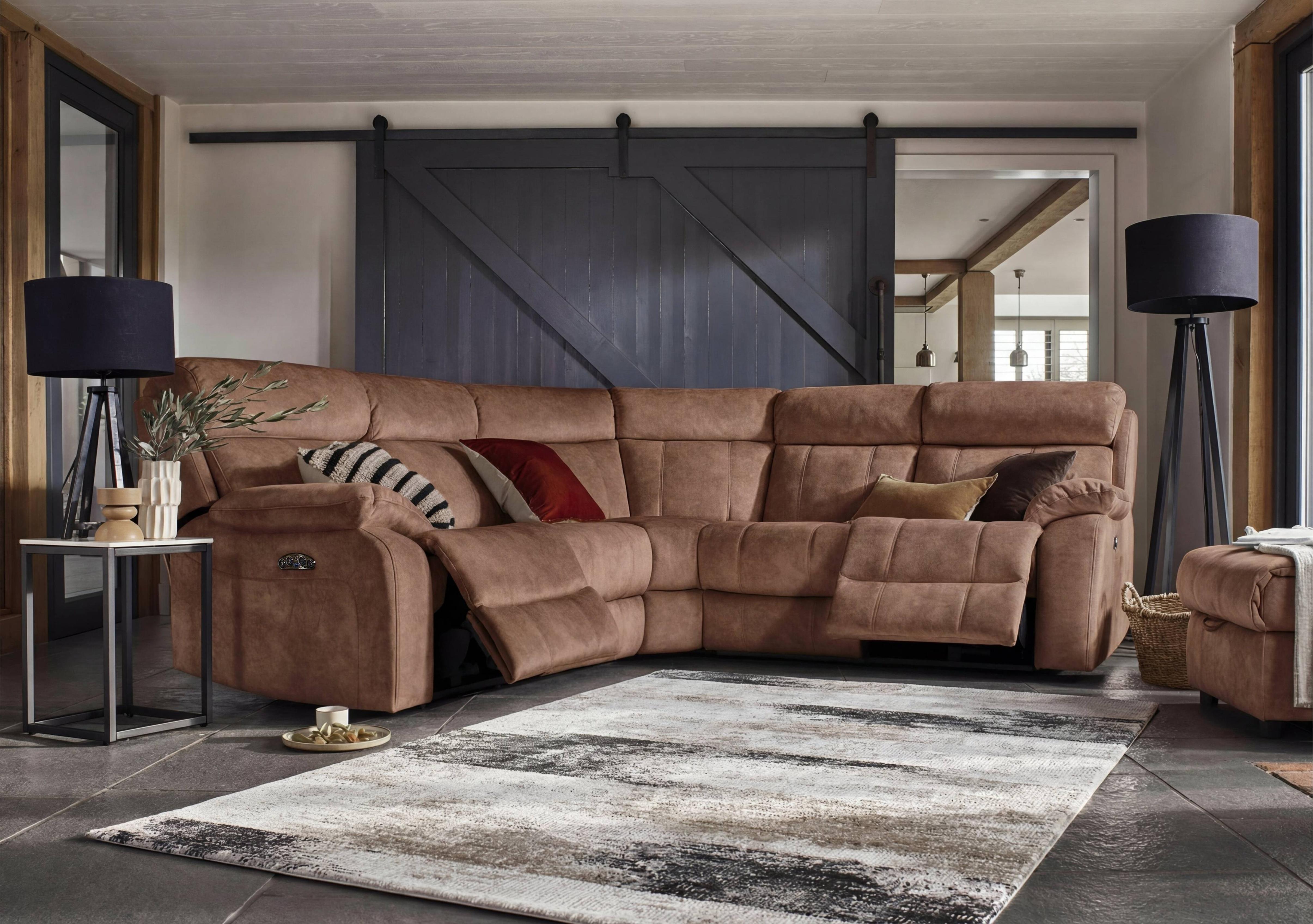 Moreno Fabric Power Recliner Corner Sofa with Power Headrests in Bfa-Blj-R05 Hazelnut on Furniture Village