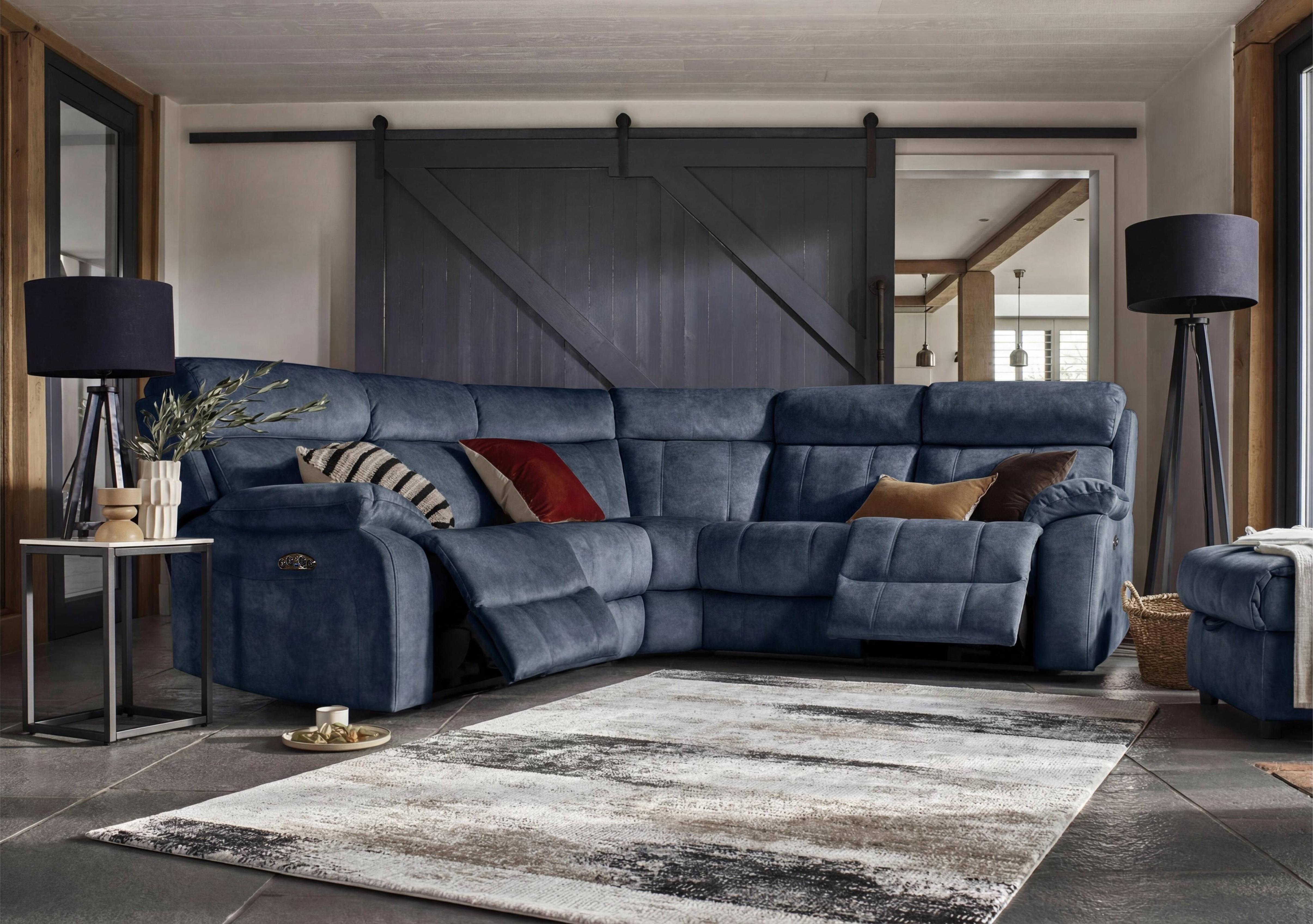 Moreno Fabric Power Recliner Corner Sofa with Power Headrests in Bfa-Blj-R10 Blue on Furniture Village