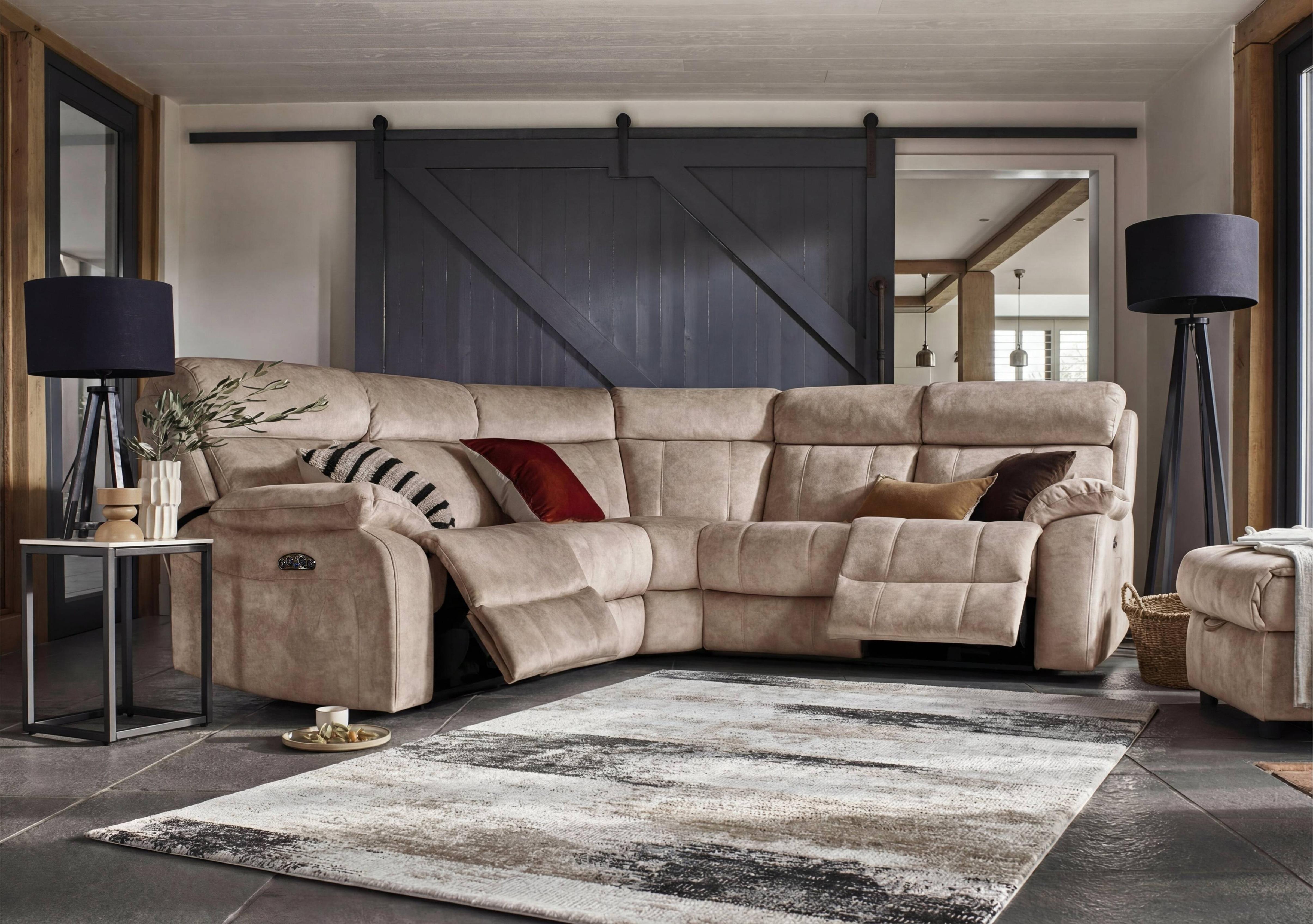 Moreno Fabric Power Recliner Corner Sofa with Power Headrests in Fab-Ska-R28 Beige on Furniture Village