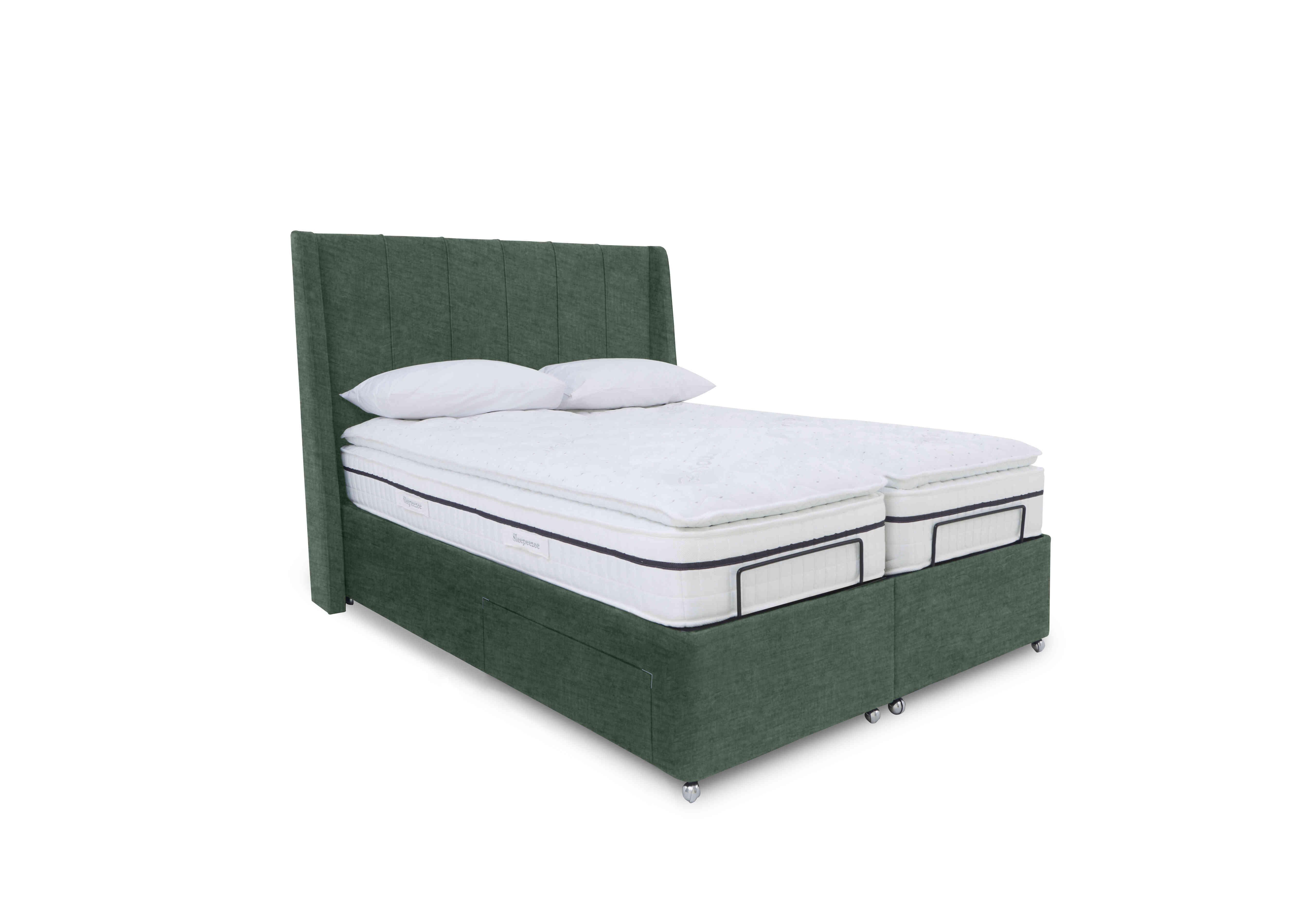 E-Motion Akira Dual Adjustable Divan Base with Massage Function and Headboard in 502 Tormaline Green on Furniture Village