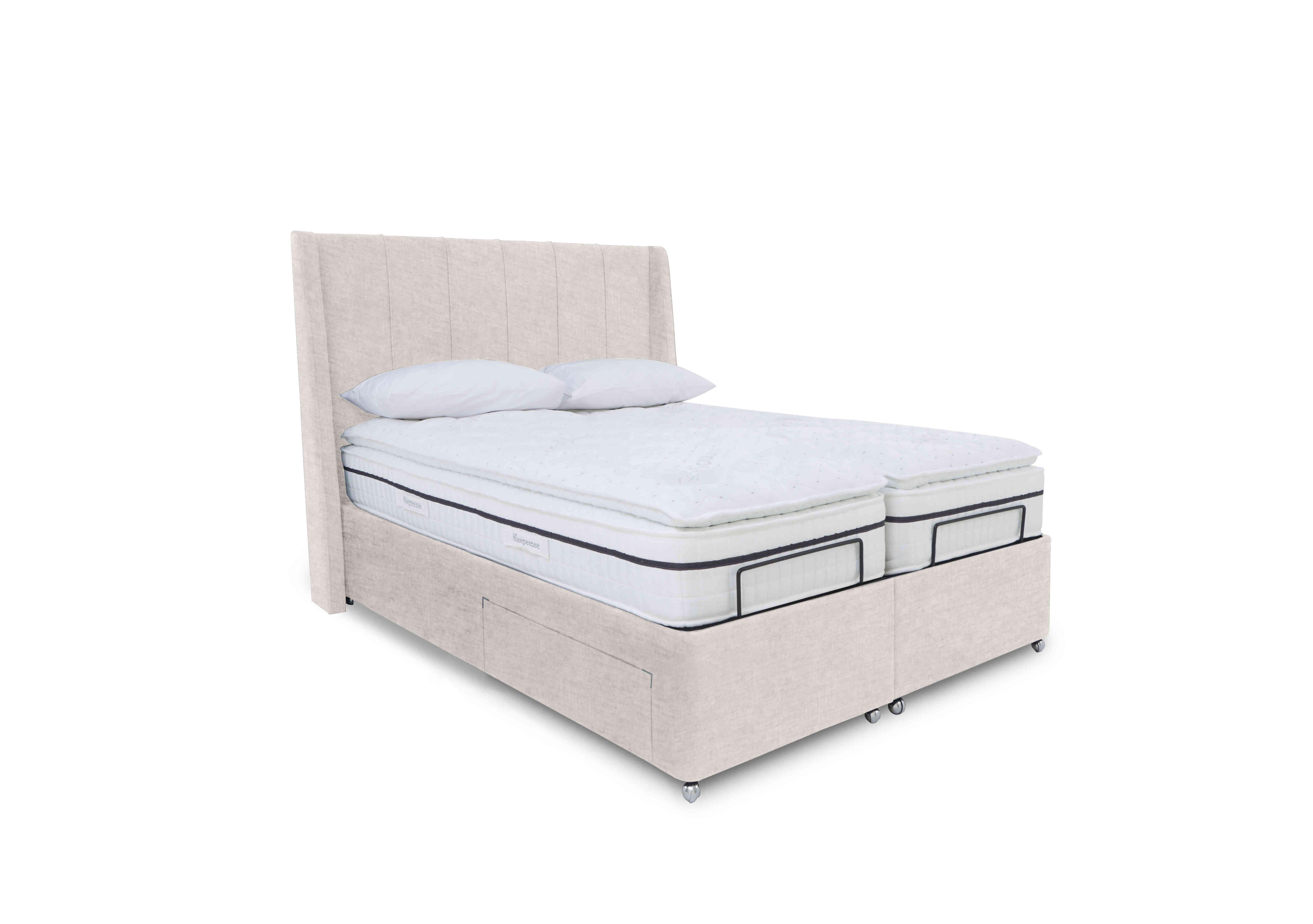 E-Motion Akira Dual Adjustable Divan Base with Massage Function and Headboard in 901 Sandstone Pearl on Furniture Village