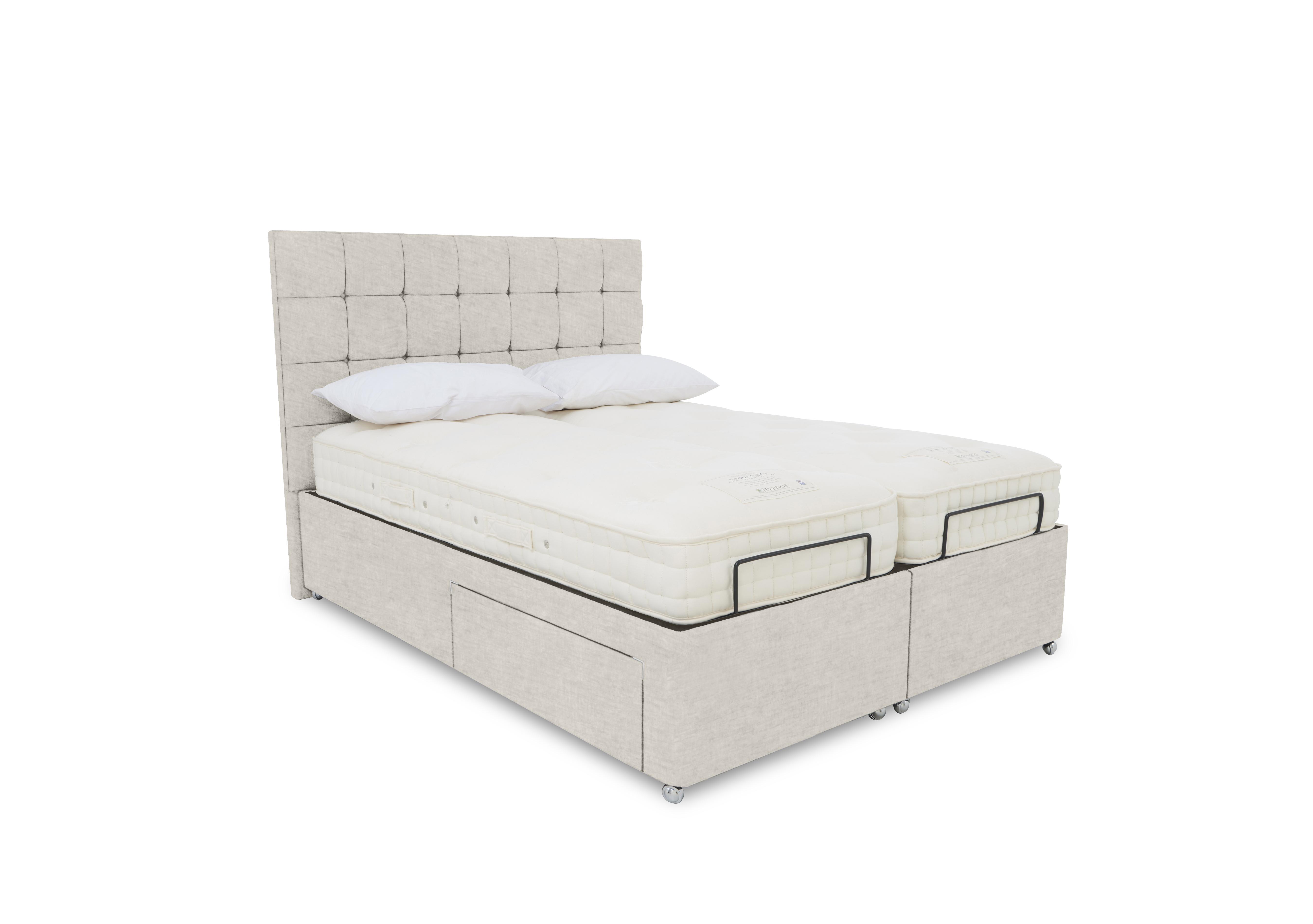 E-Motion Kaito Dual Adjustable Divan Base with Massage Function and Headboard in 901 Sandstone Pearl on Furniture Village