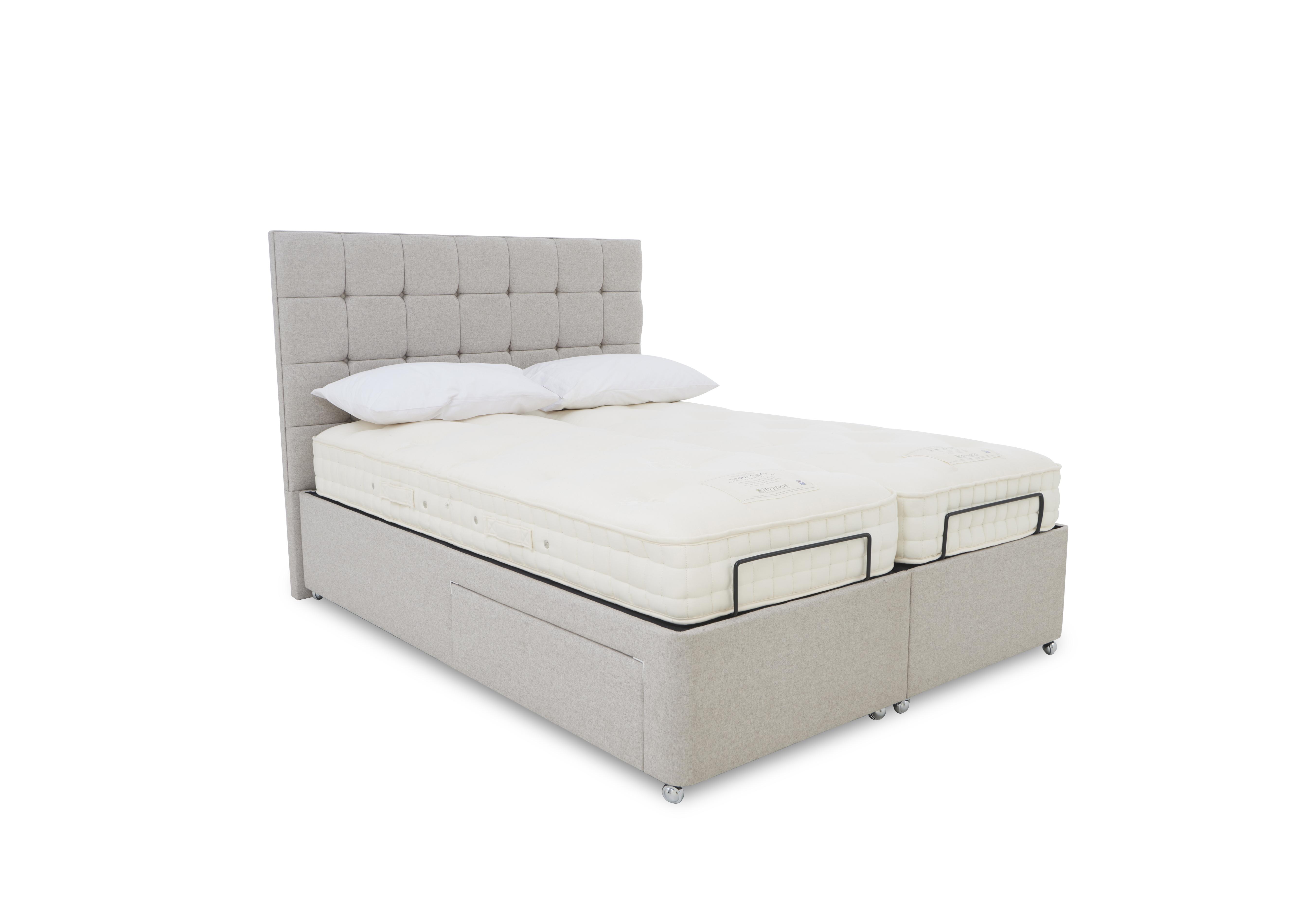 E-Motion Kaito Dual Adjustable Divan Base with Massage Function and Headboard in Shetland Pebble on Furniture Village