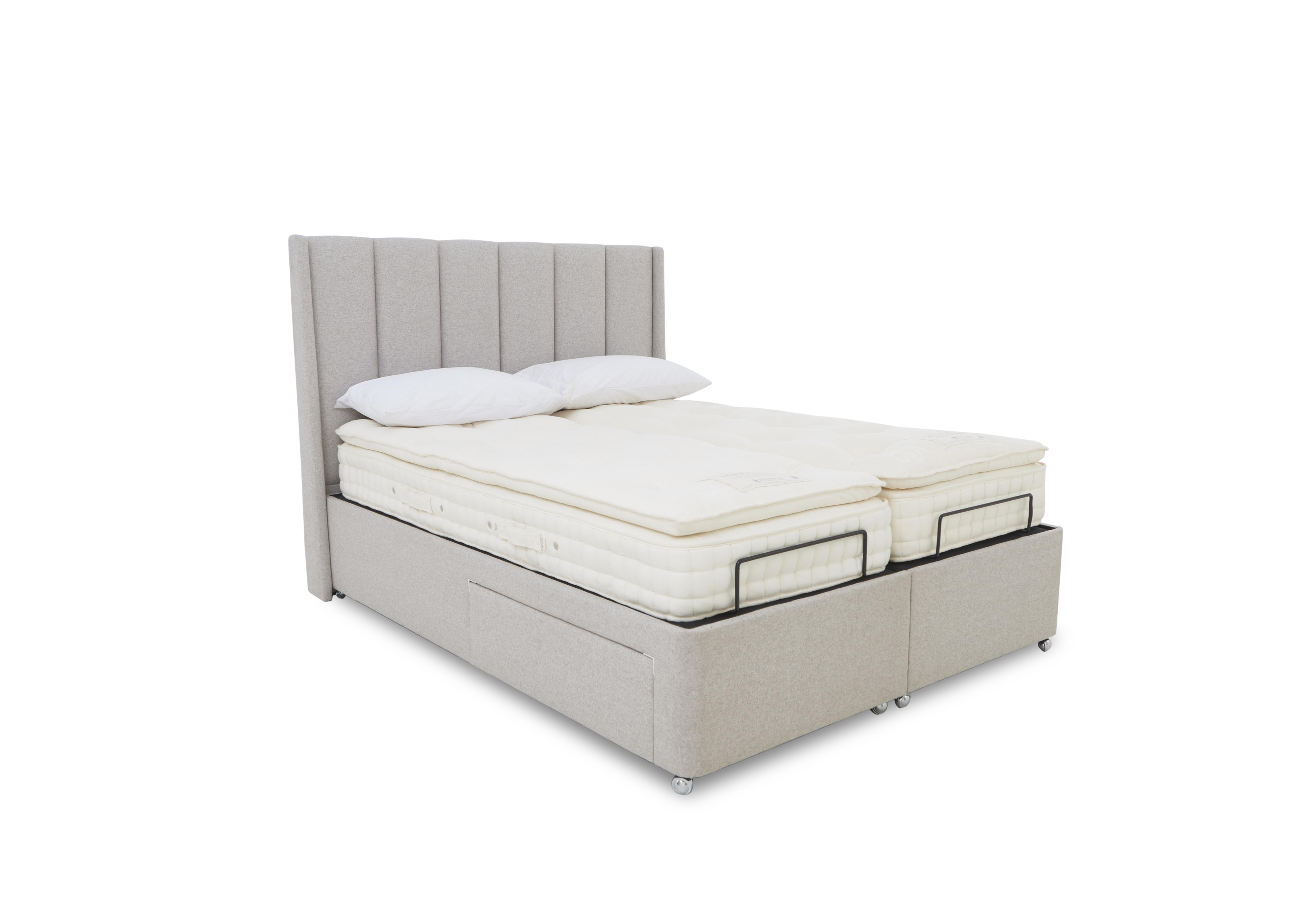 E-Motion Ryo Dual Adjustable Divan Base with Massage Function and Headboard in Shetland Pebble on Furniture Village