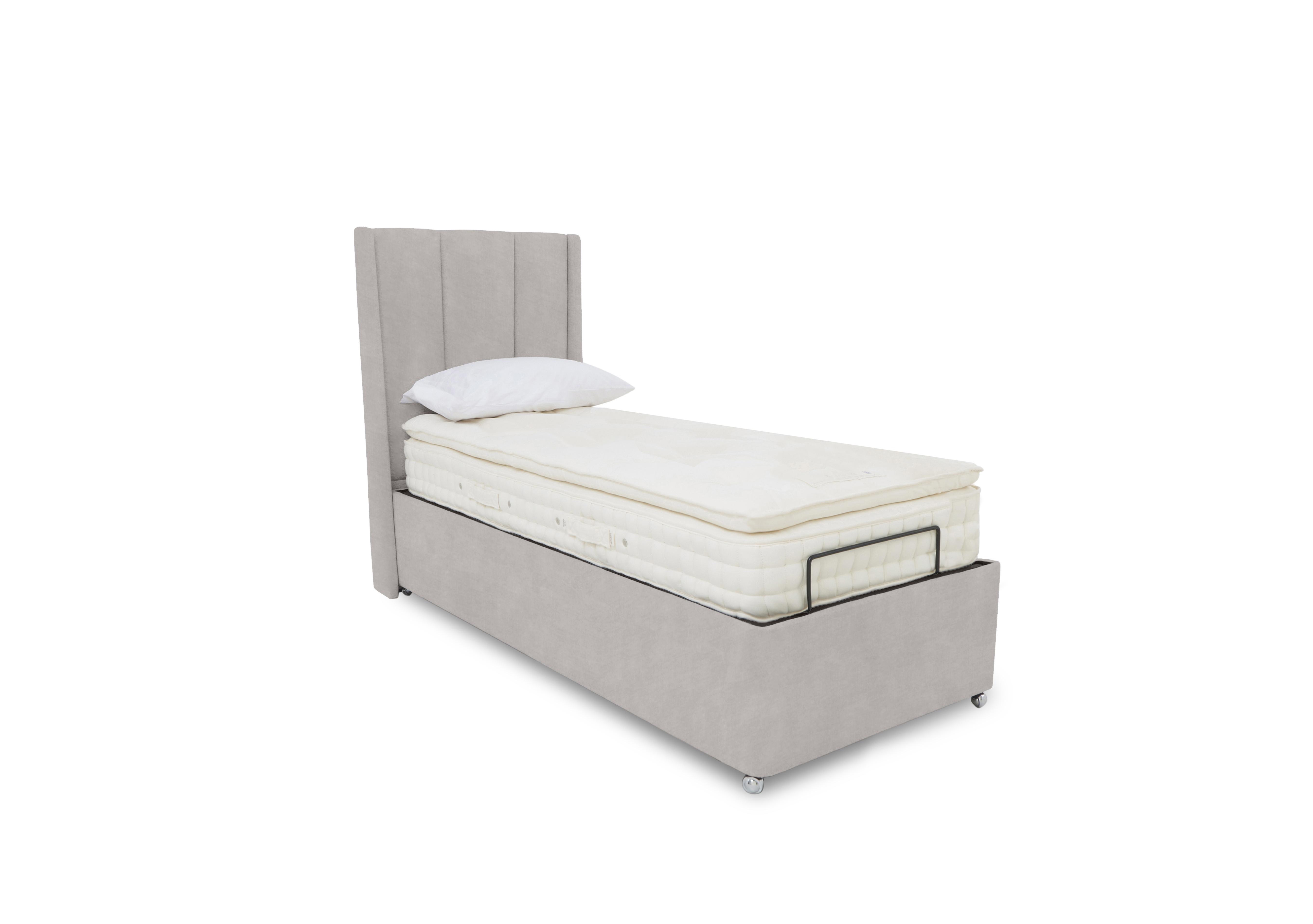 E-Motion Ryo Dual Adjustable Ottoman Divan Base with Massage Function and Headboard in Aston Linen on Furniture Village
