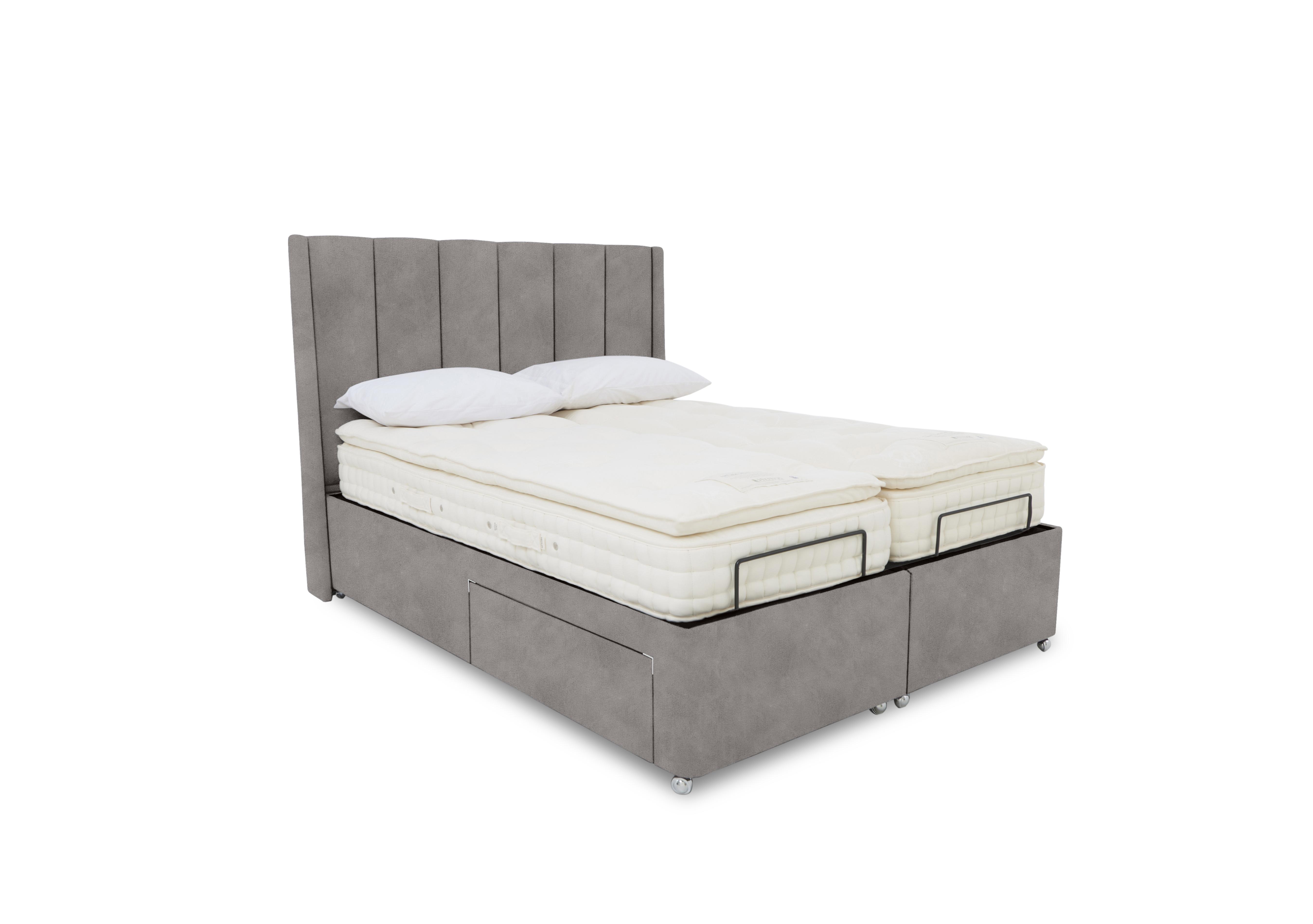E-Motion Ryo Dual Adjustable Divan Base with Headboard in Dapple Oyster on Furniture Village