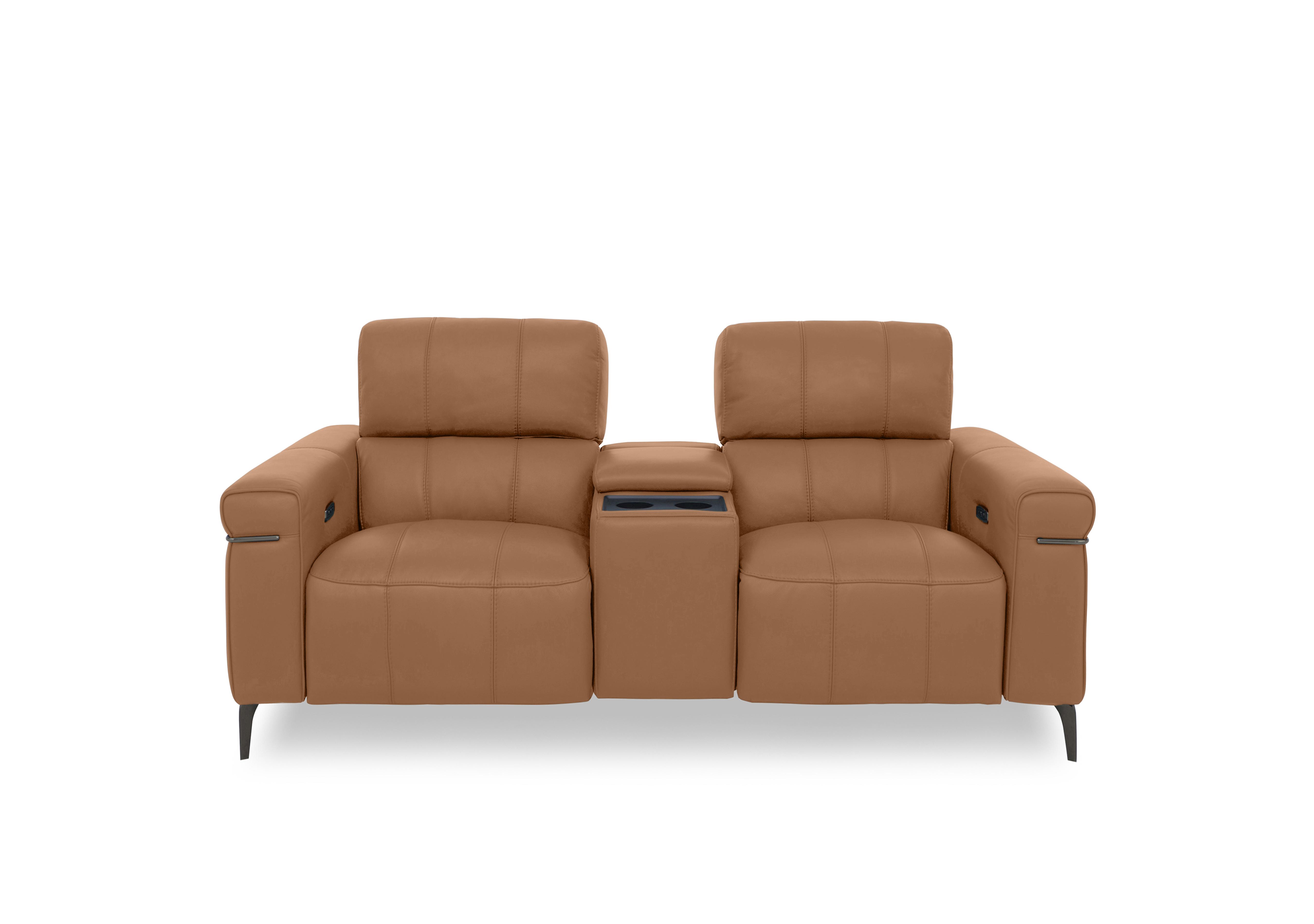 Homestage Leather 2 Seater Power Recliner Media Sofa with Console and Power Headrests in Nc-334e Pecan Brown on Furniture Village