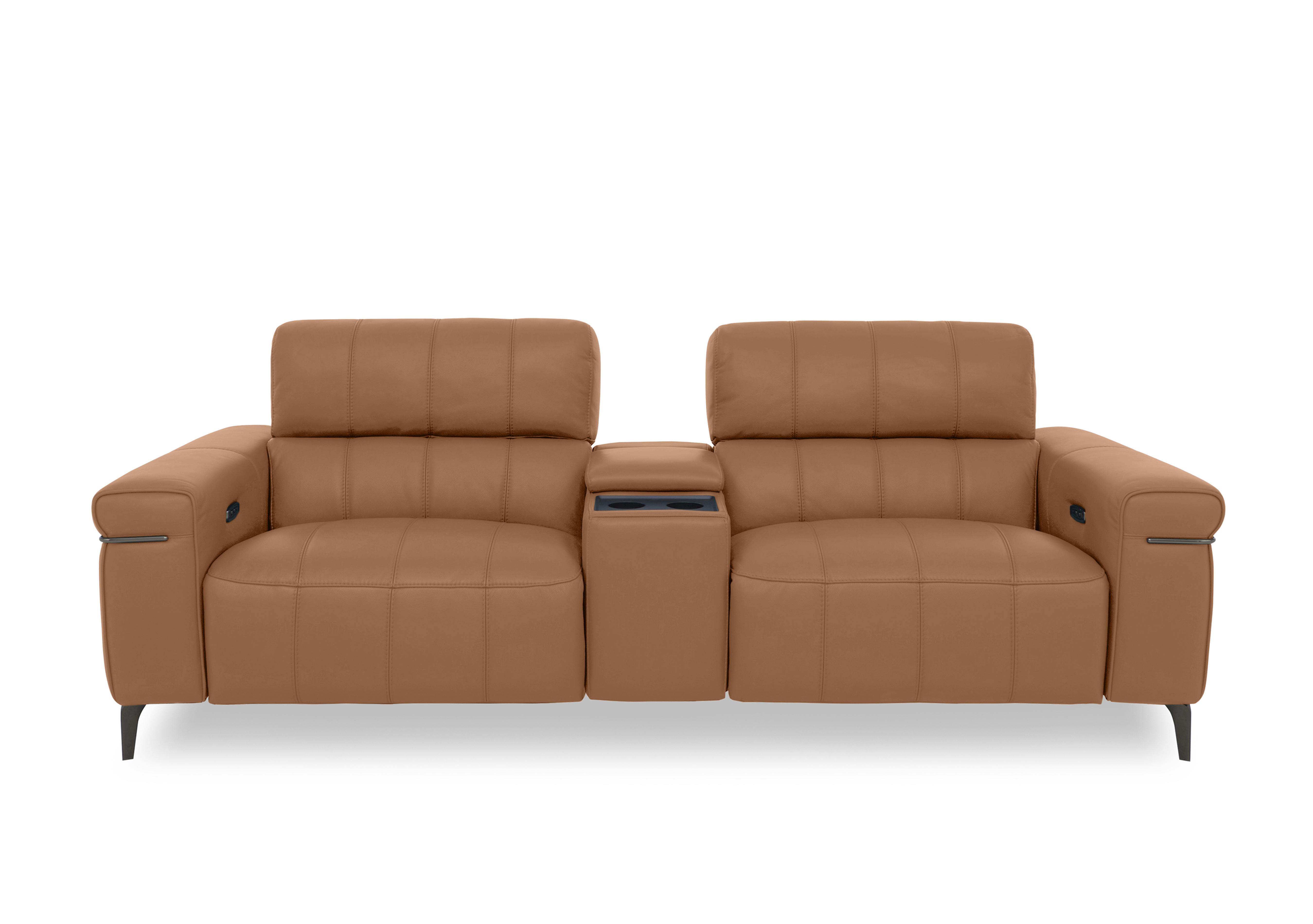 Homestage Leather 3 Seater Power Recliner Media Sofa with Console and Power Headrests in Nc-334e Pecan Brown on Furniture Village