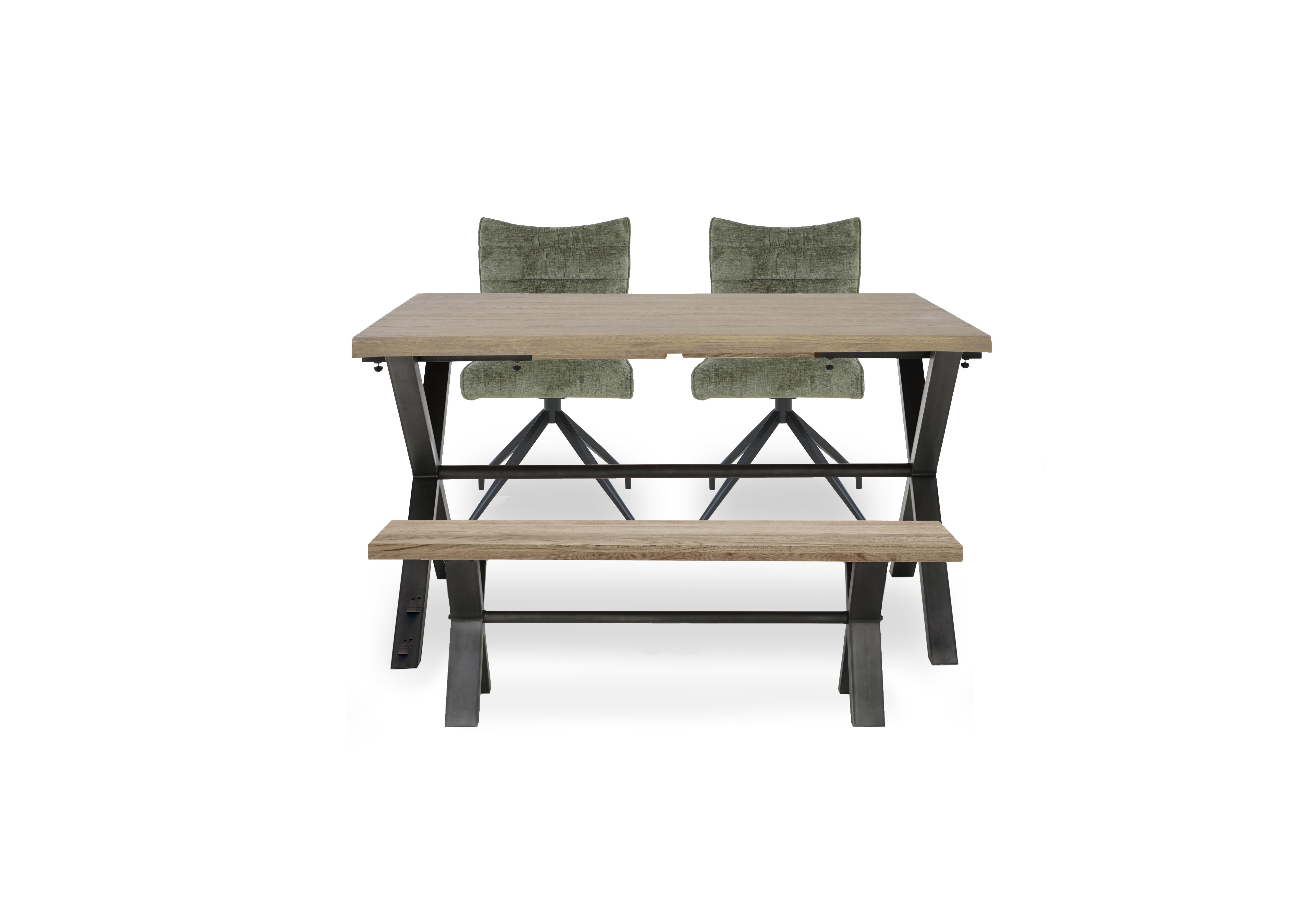 Saturn Small Straight Edge Dining Table with Dining Bench and 2 Swivel Dining Chairs in Green on Furniture Village