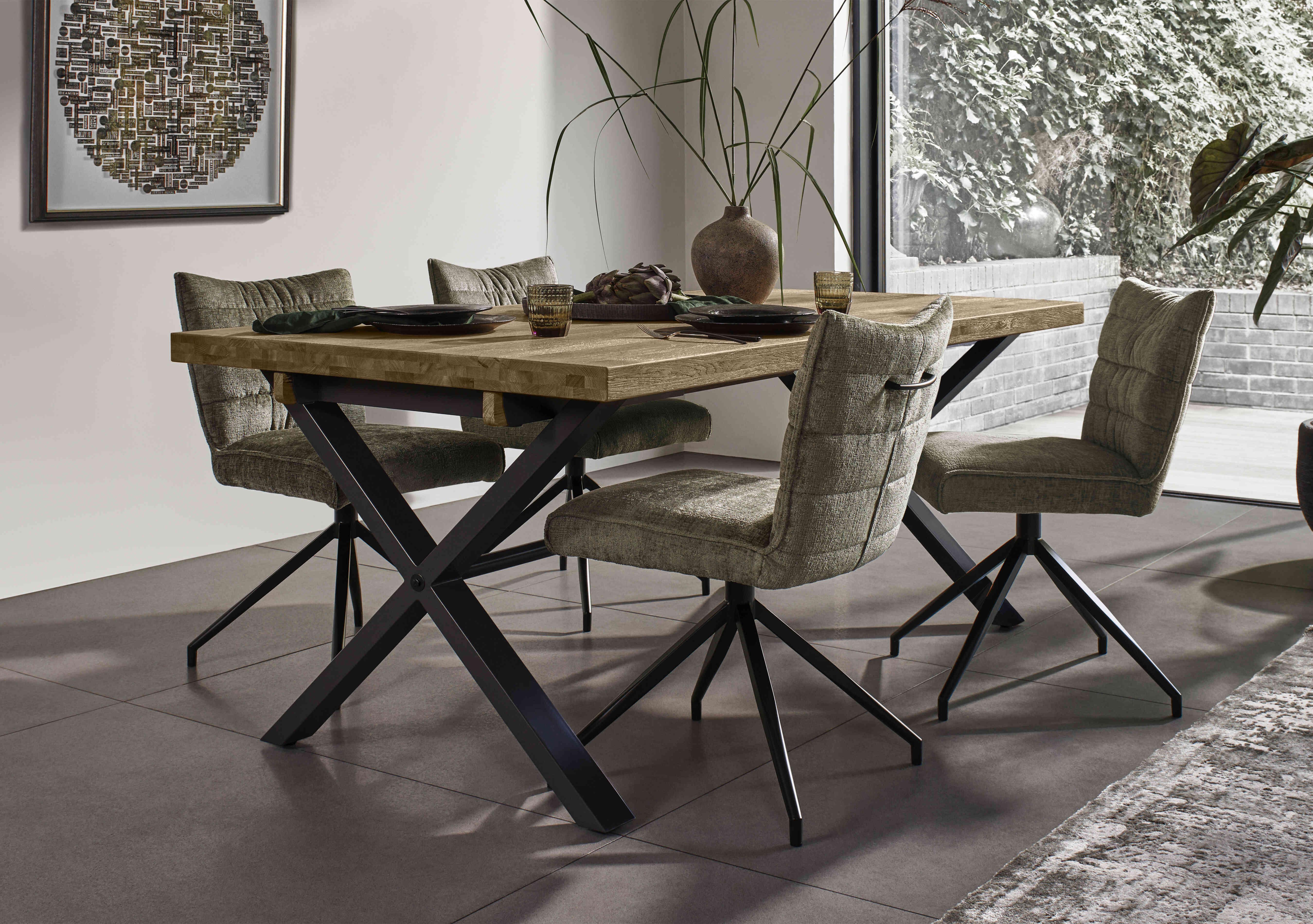 Saturn Small Straight Edge Dining Table and 4 Swivel Dining Chairs in  on Furniture Village