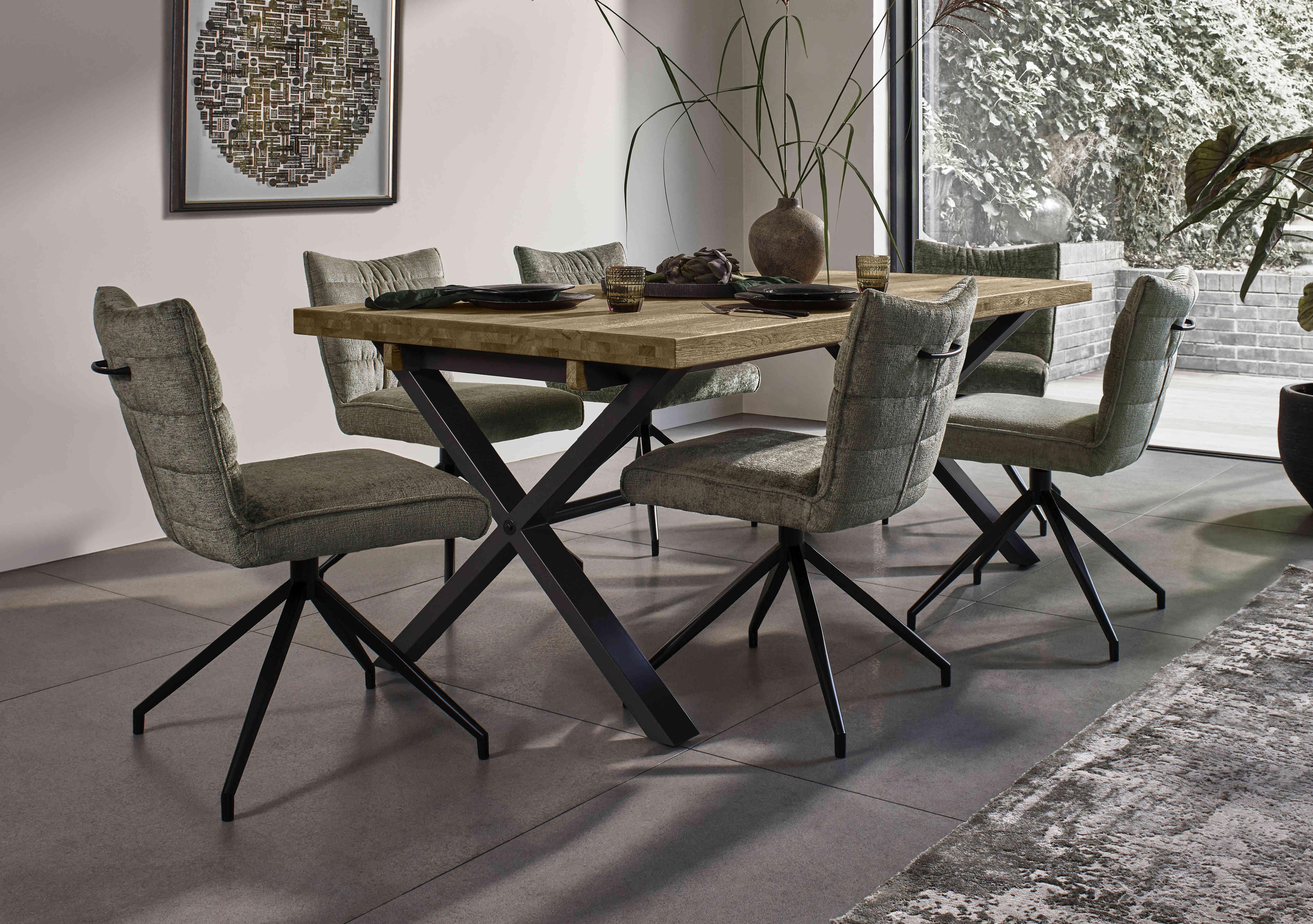 Saturn Small Straight Edge Dining Table and 6 Swivel Dining Chairs in  on Furniture Village