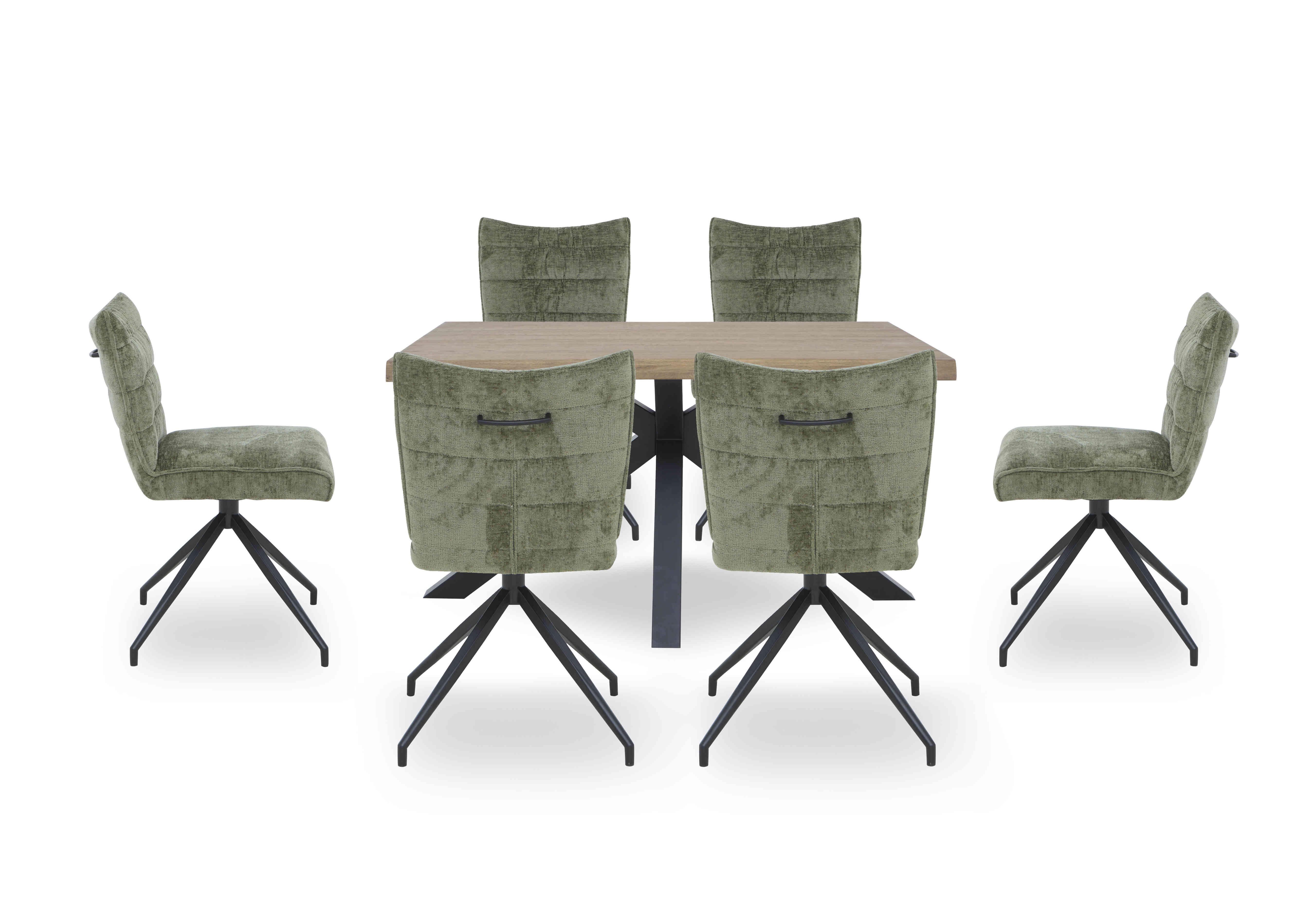 Saturn Small Live Edge Dining Table and 6 Swivel Dining Chairs in Green on Furniture Village