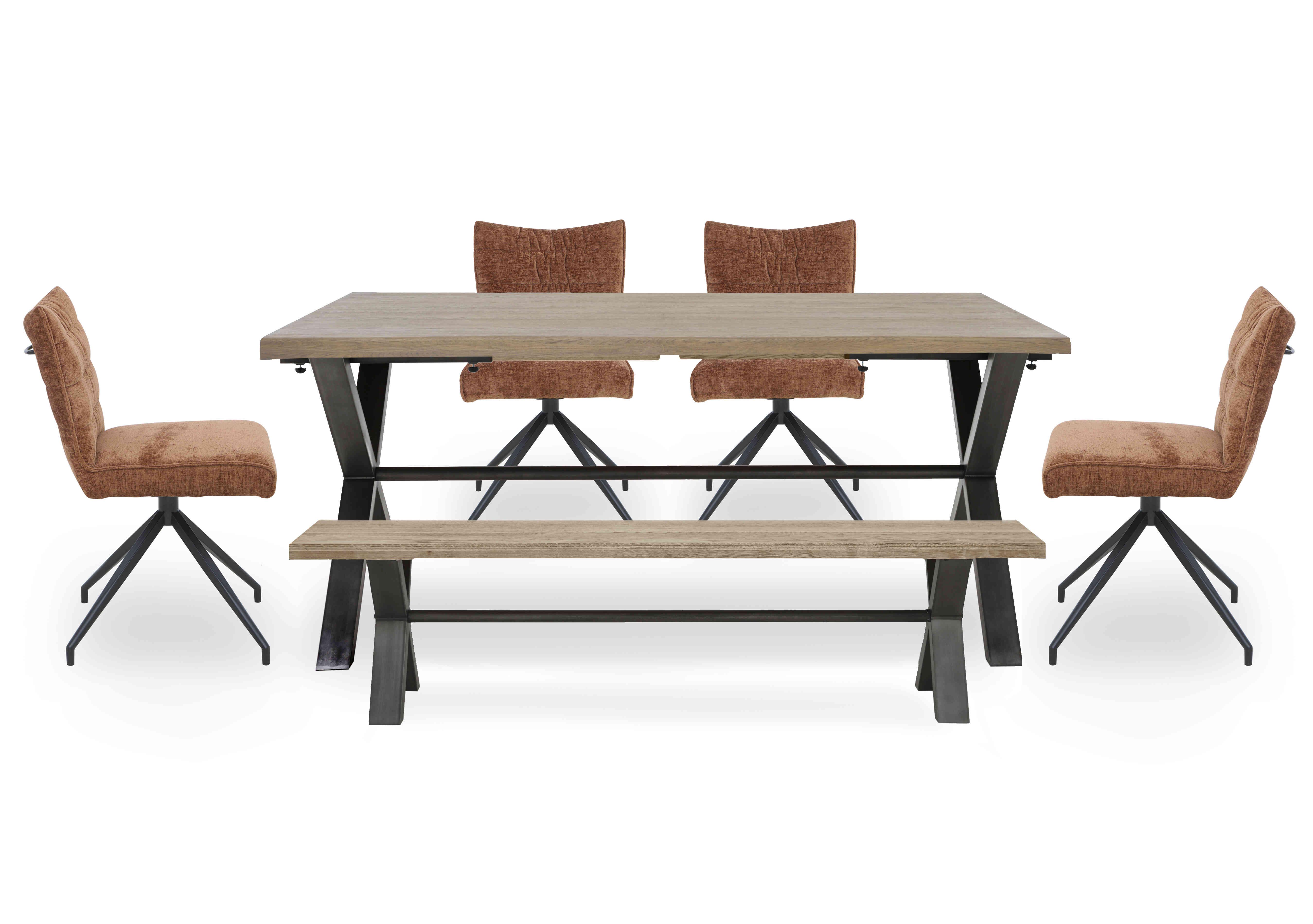 Saturn Large Straight Edge Dining Table with a Dining Bench and 4 Swivel Dining Chairs in Rust on Furniture Village