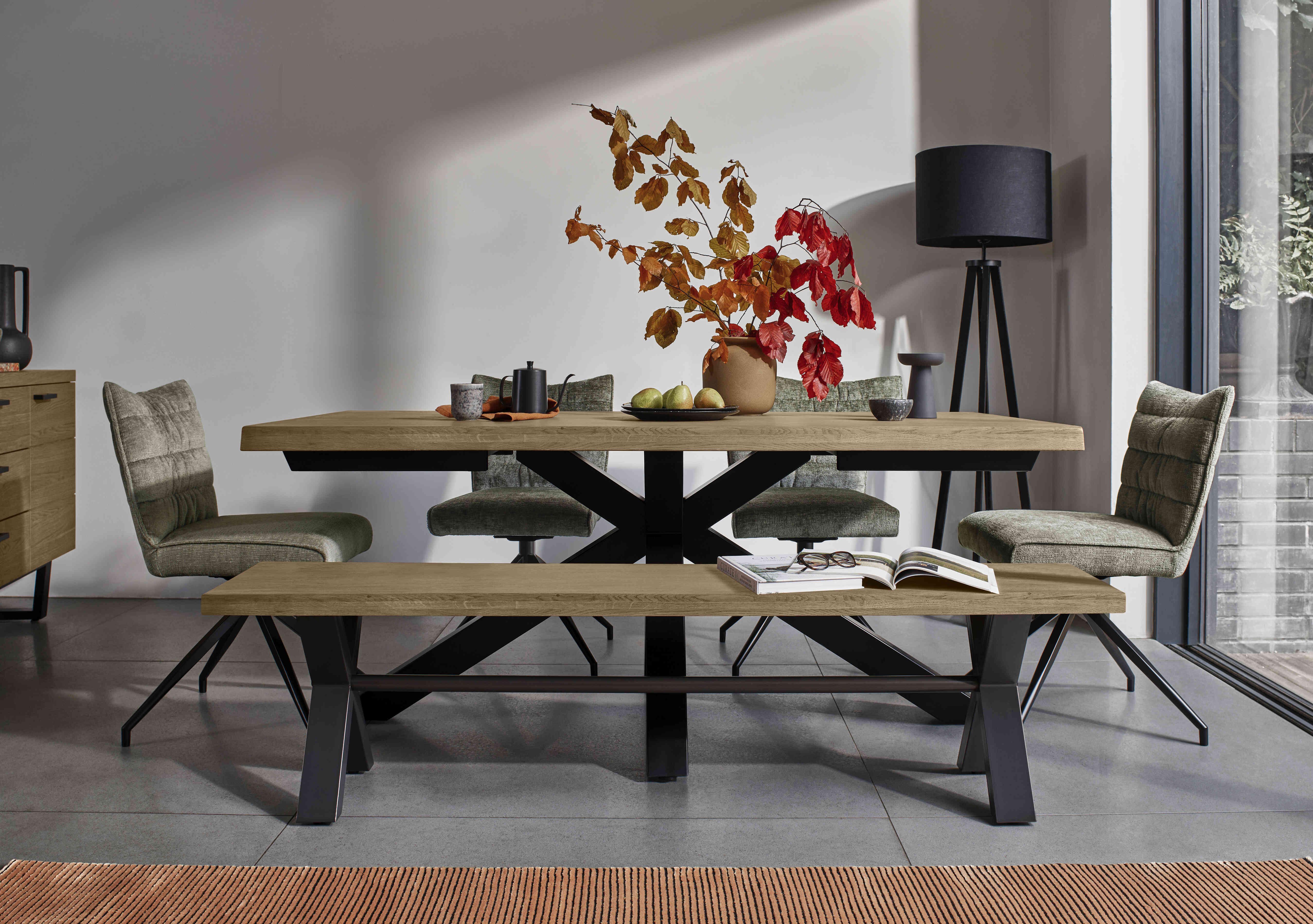 Saturn Large Live Edge Dining Table with a Dining Bench and 4 Swivel Dining Chairs in  on Furniture Village