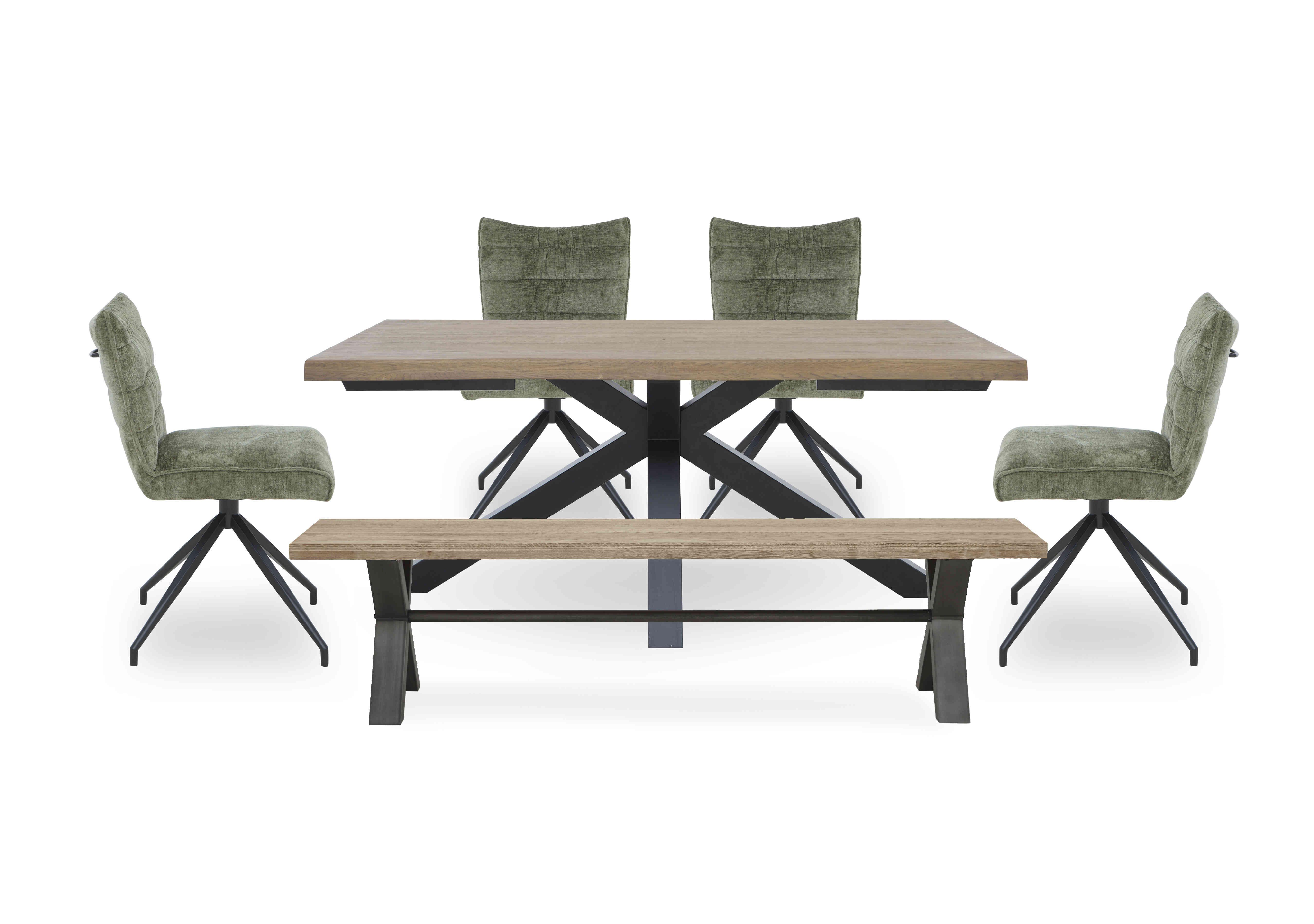 Saturn Large Live Edge Dining Table with a Dining Bench and 4 Swivel Dining Chairs in Green on Furniture Village