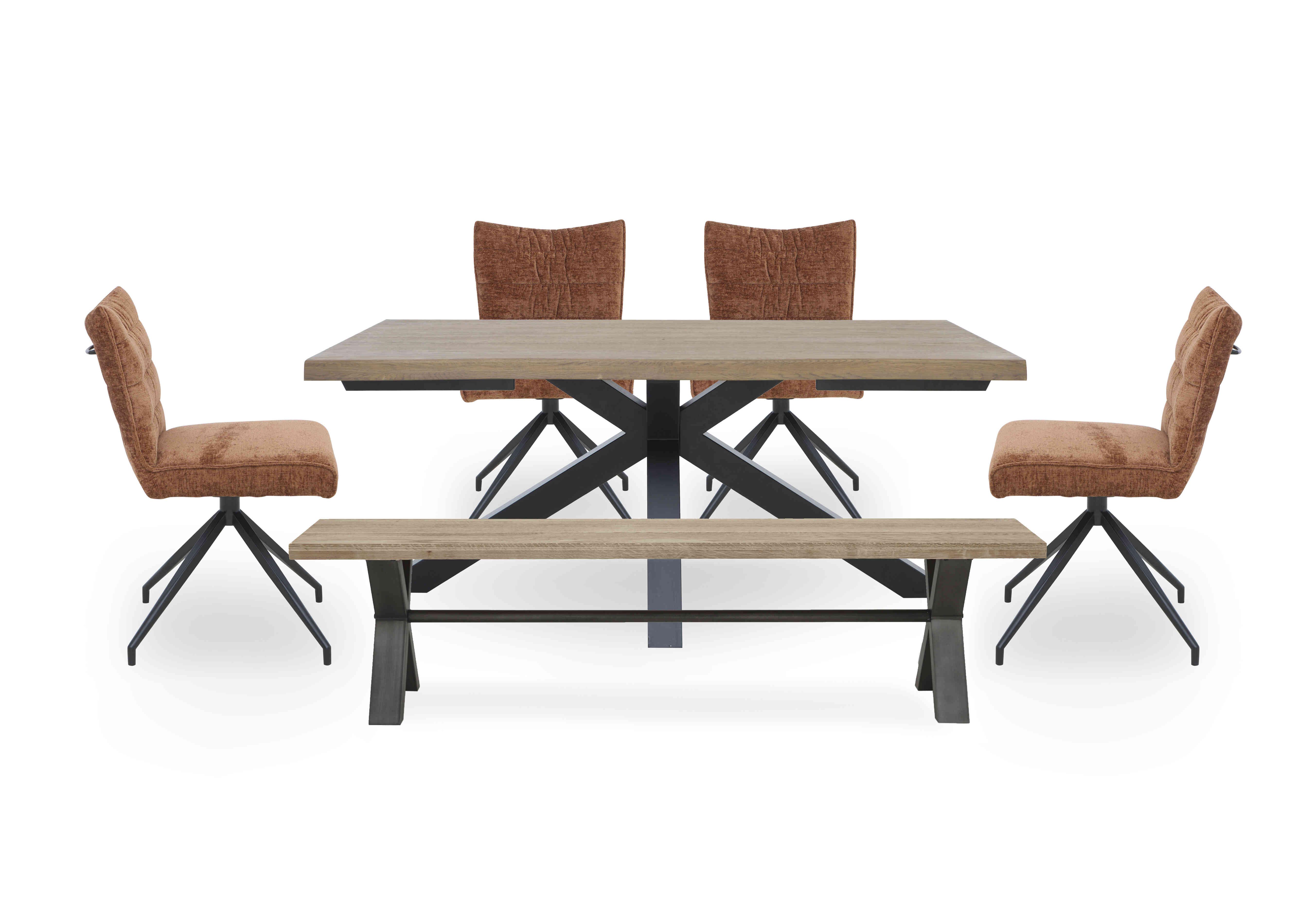 Saturn Large Live Edge Dining Table with a Dining Bench and 4 Swivel Dining Chairs in Rust on Furniture Village