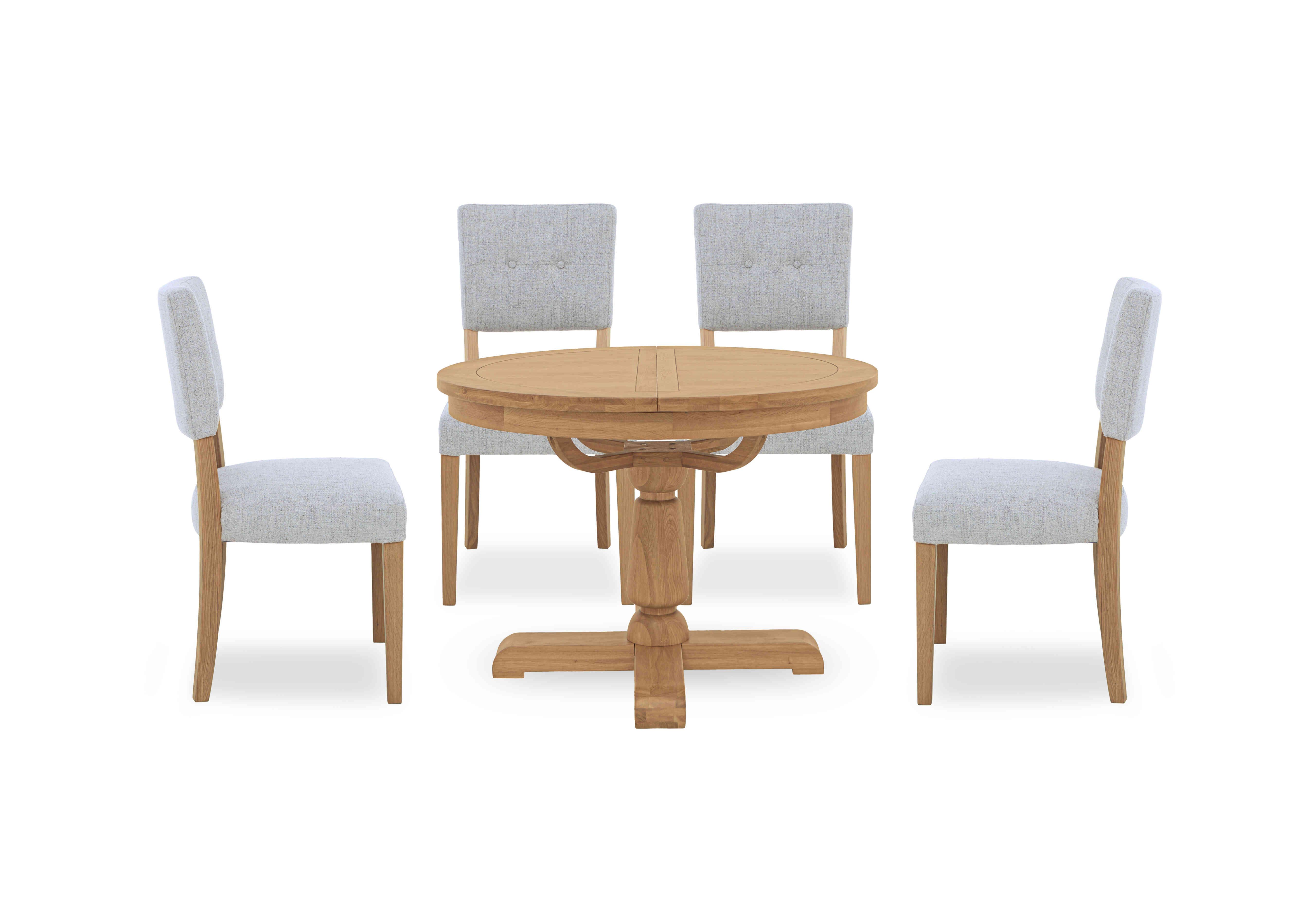 Augusta Round Extending Dining Table and 4 Open Back Upholstered Dining Chairs in Mist on Furniture Village