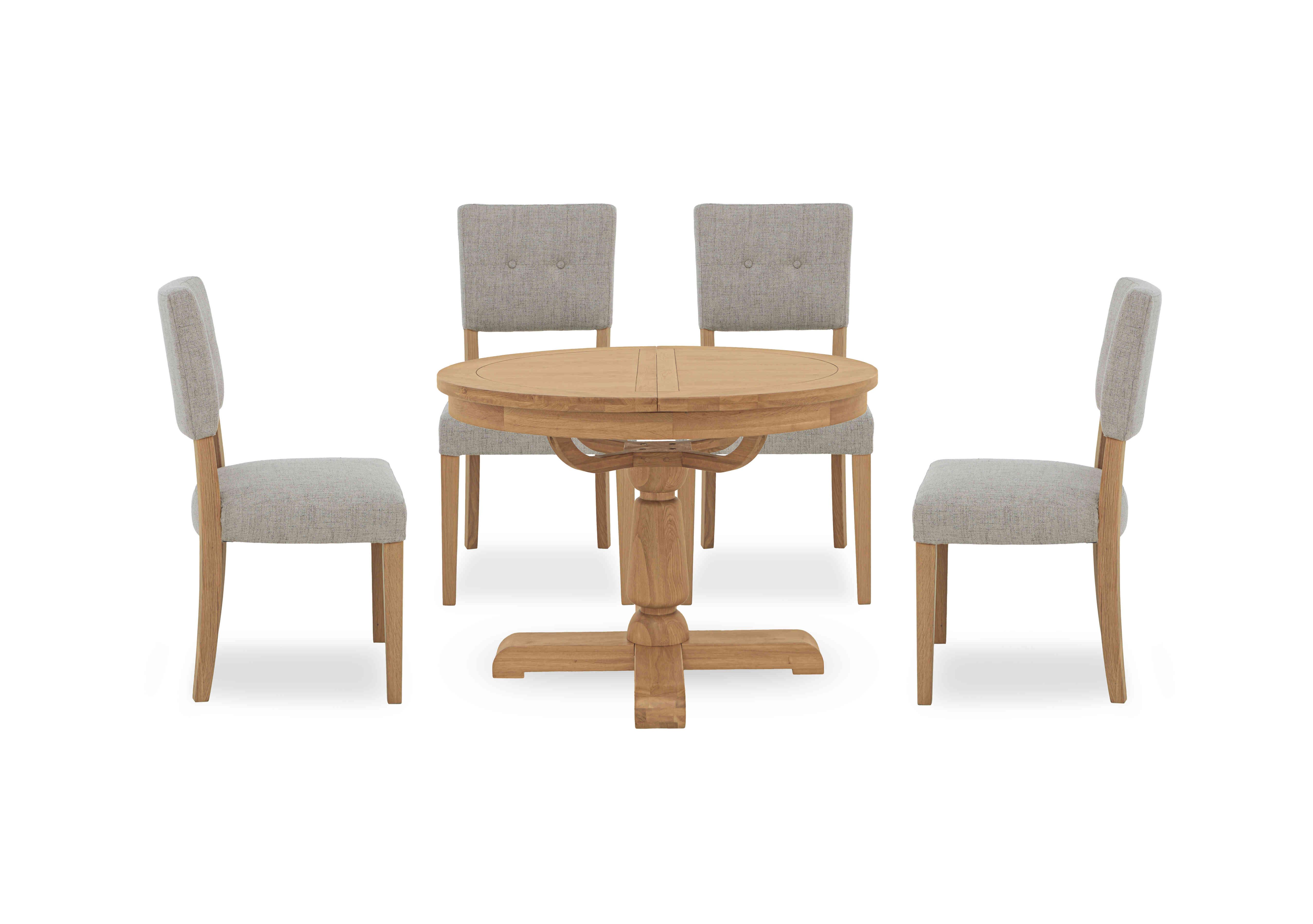 Augusta Round Extending Dining Table and 4 Open Back Upholstered Dining Chairs in Pebble on Furniture Village
