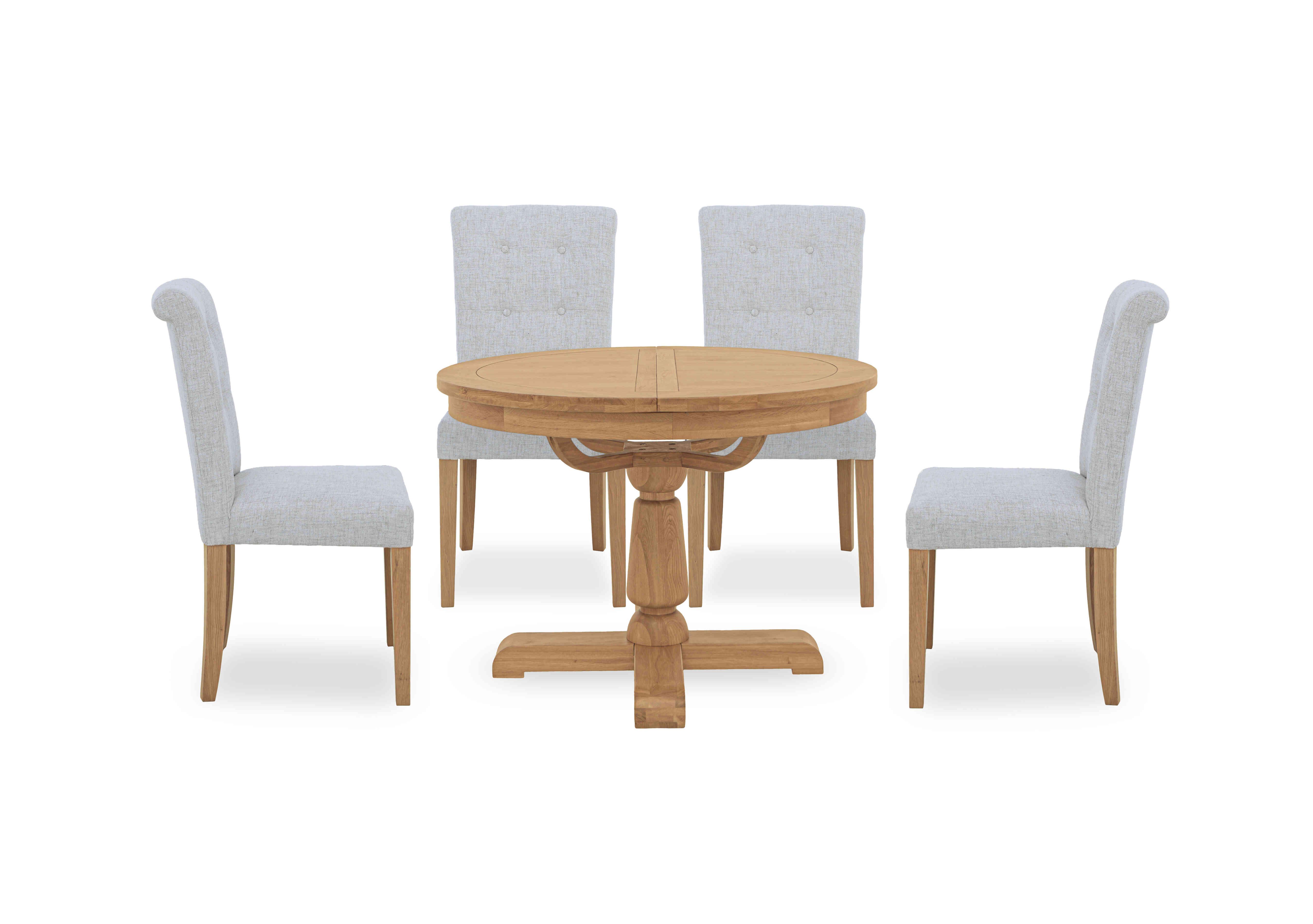 Augusta Round Extending Dining Table and 4 Roll Back Upholstered Dining Chairs in Mist on Furniture Village