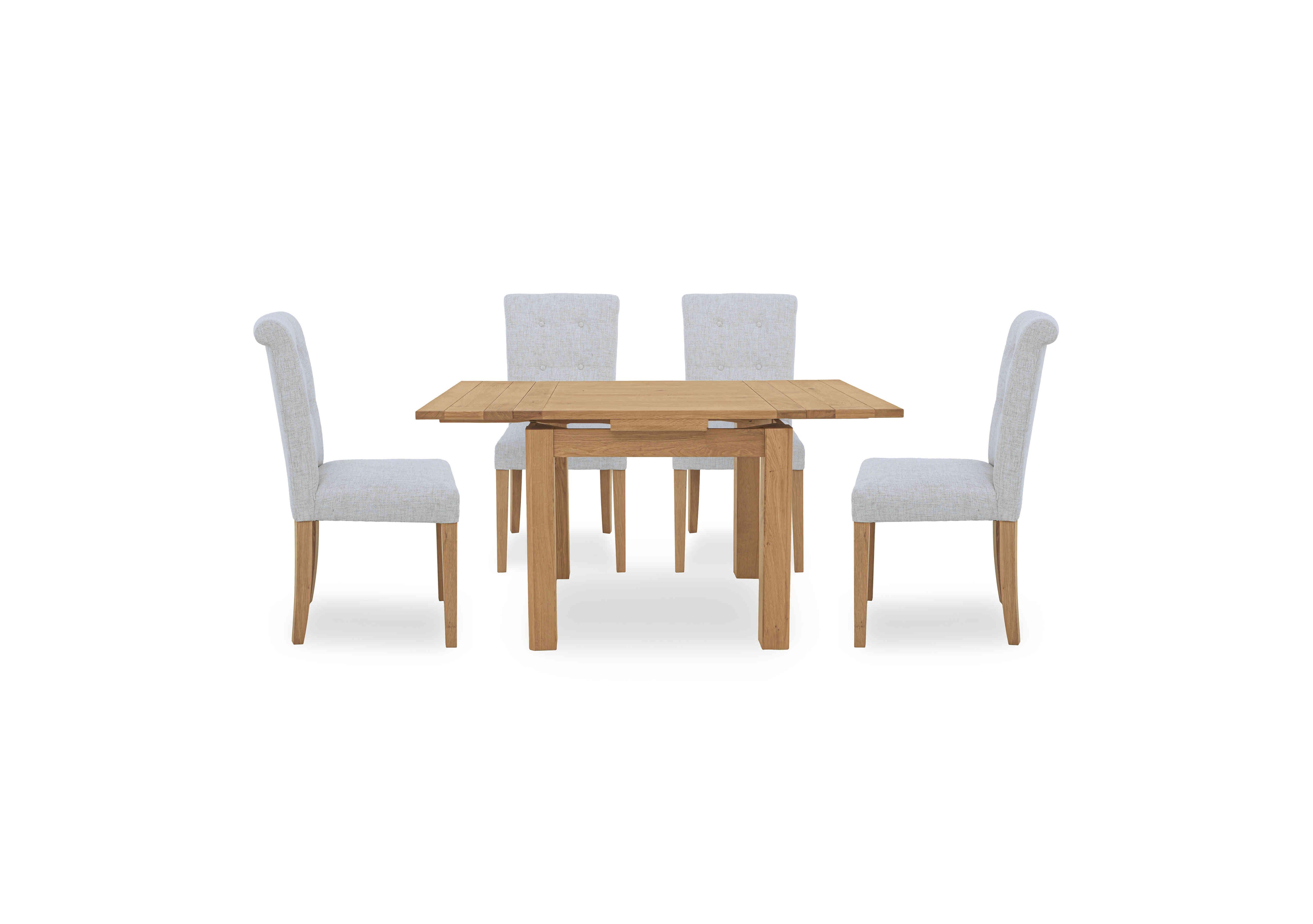Augusta Draw Leaf Extending Dining Table and 4 Roll Back Upholstered Dining Chairs in Mist on Furniture Village