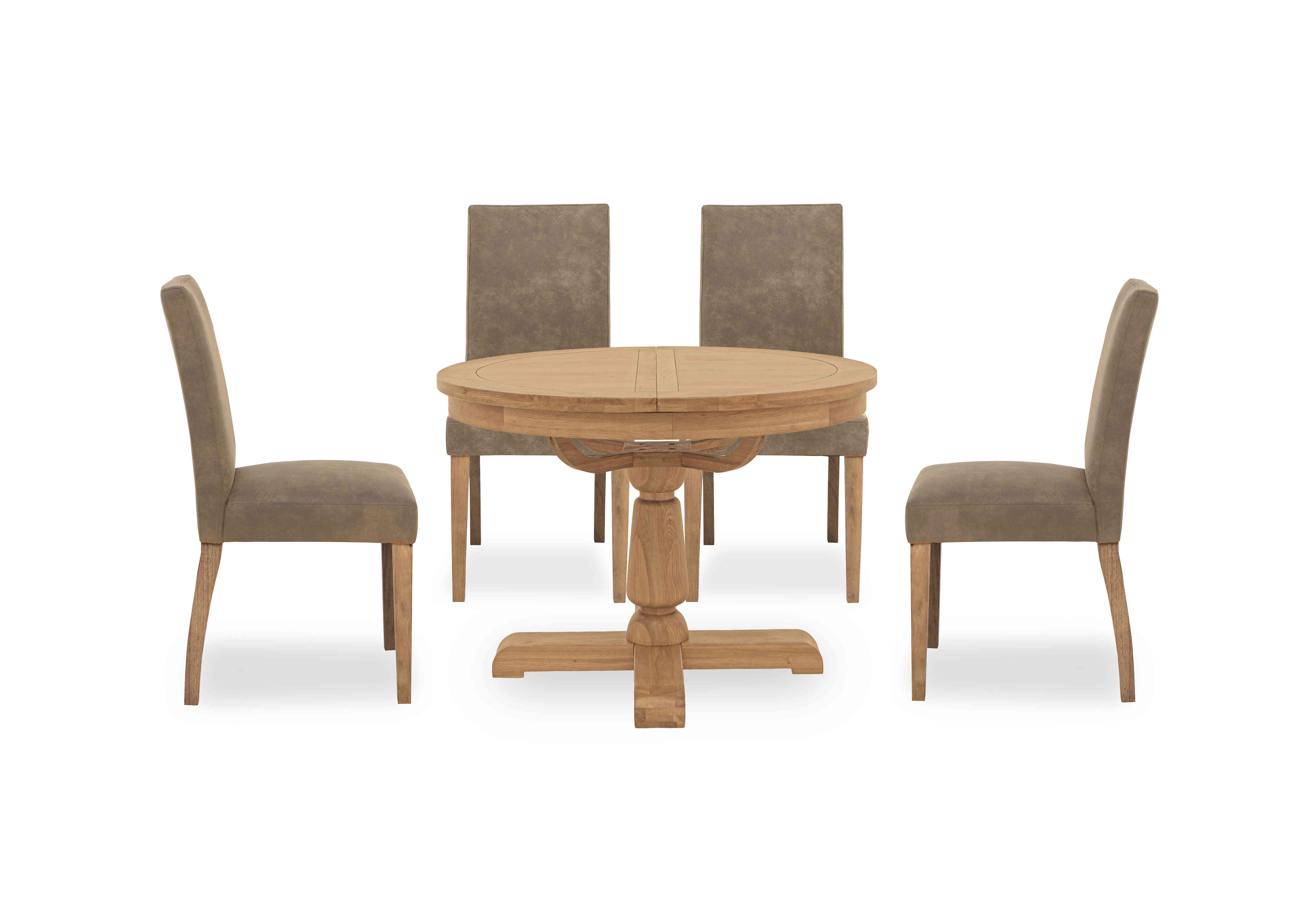 Augusta Round Extending Dining Table and 4 Cowboy Upholstered Dining Chairs in Taupe on Furniture Village