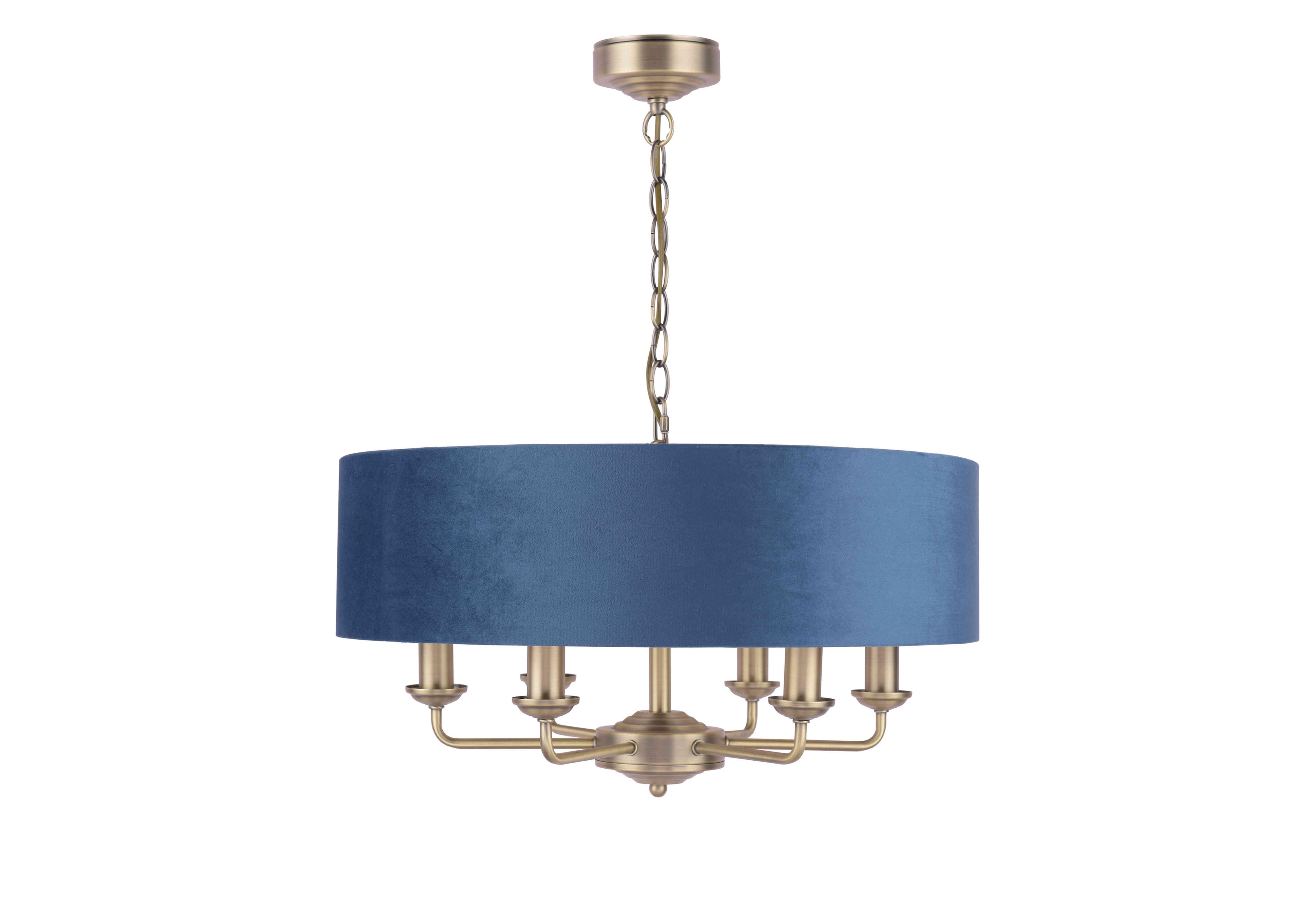 Laura Ashley Sorrento 6 Arm Chandelier in Matt Antique Brass & Blue on Furniture Village