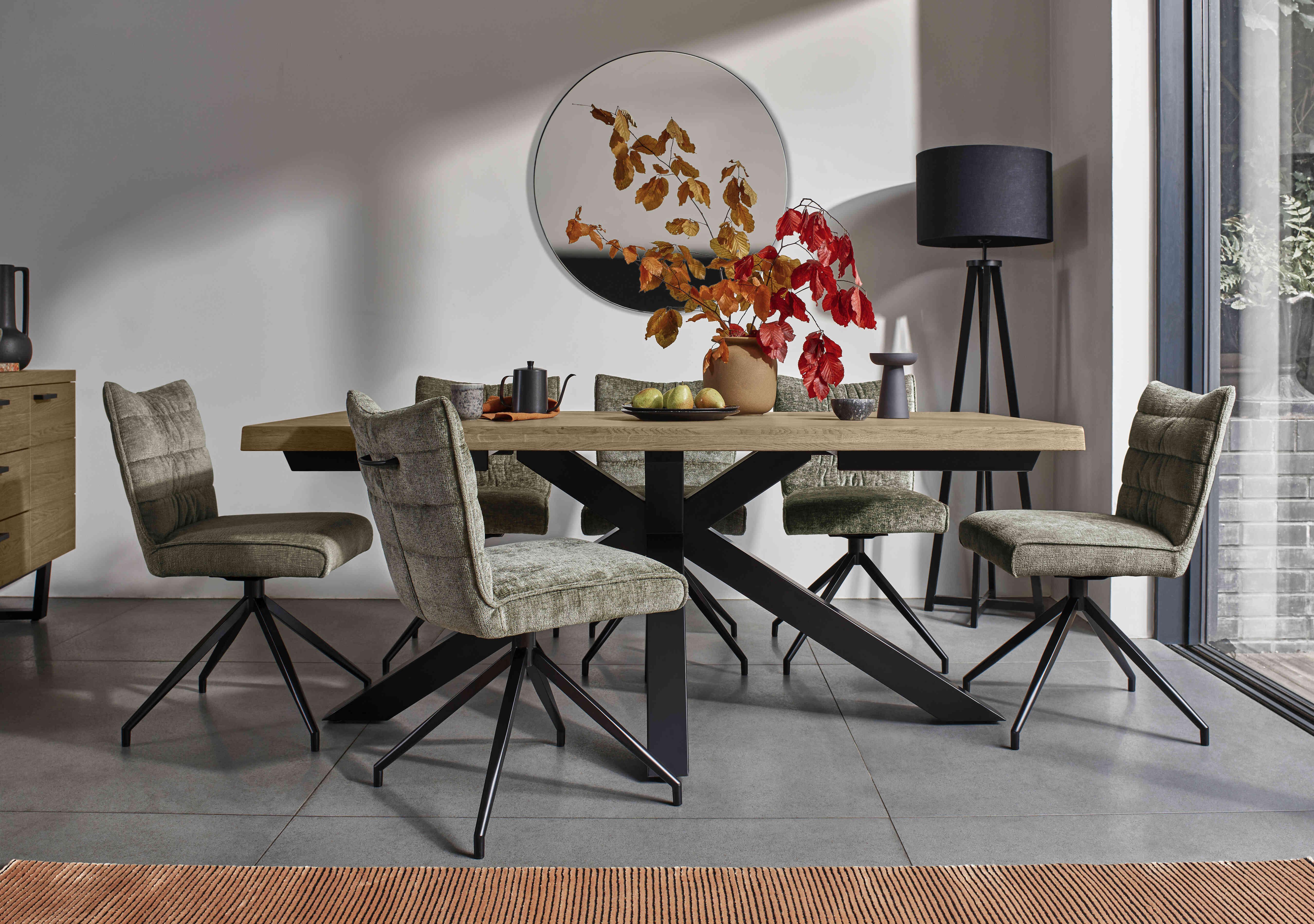 Saturn Large Live Edge Dining Table and 6 Swivel Dining Chairs in  on Furniture Village