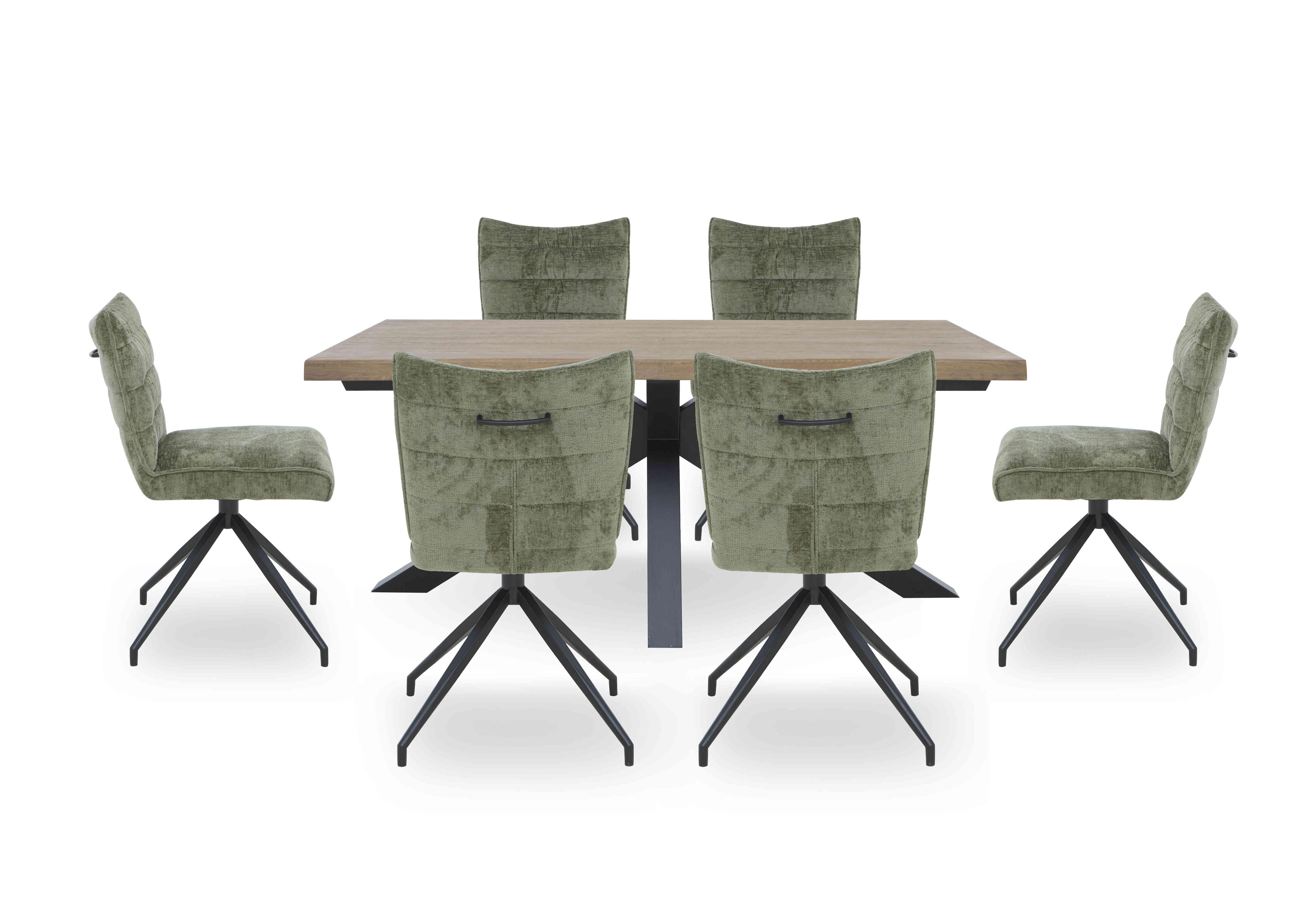 Saturn Large Live Edge Dining Table and 6 Swivel Dining Chairs in Green on Furniture Village