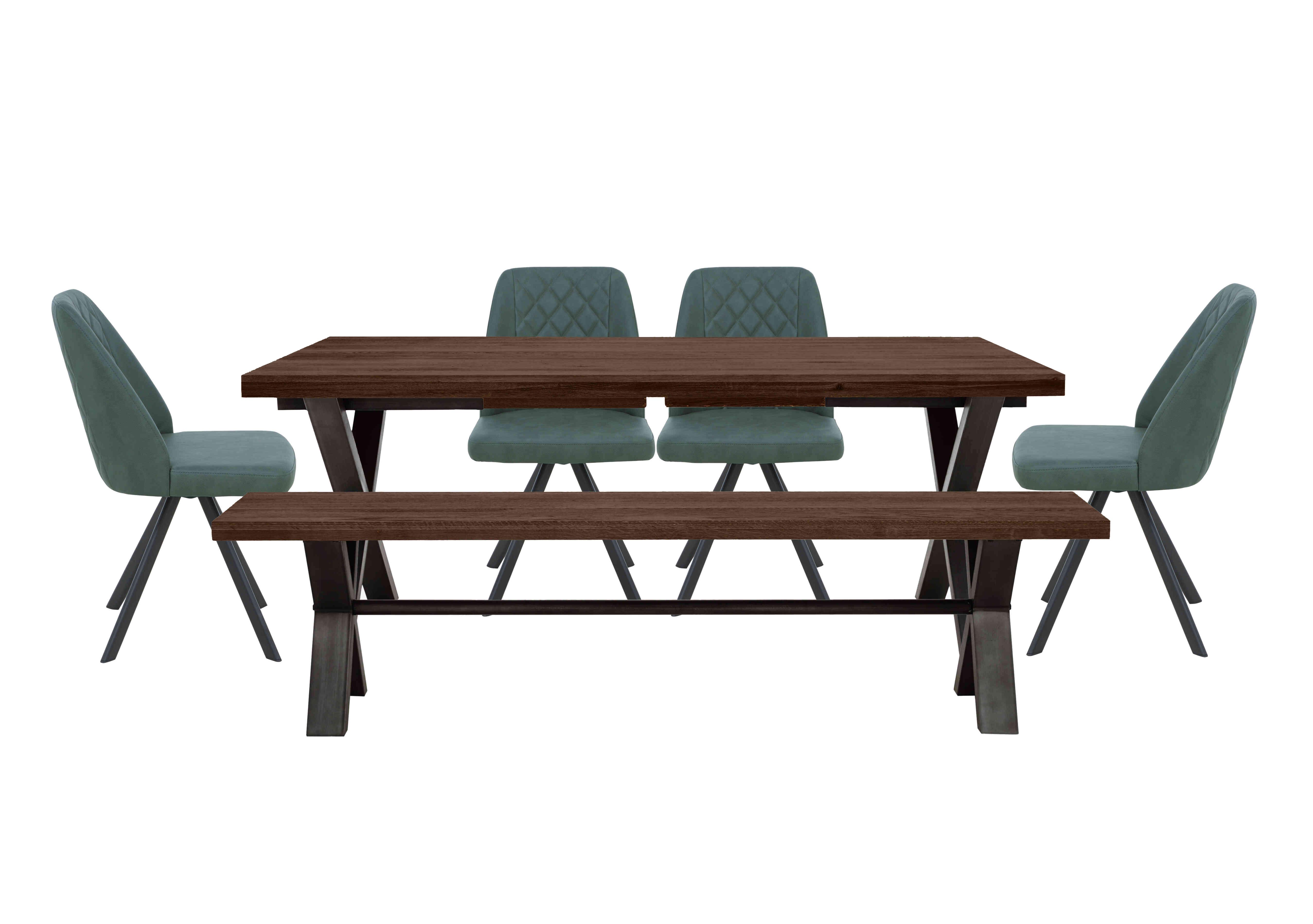 Mars Large Straight Edge Dining Table with 180cm Dining Bench and 4 Faux Leather Swivel Dining Chairs in Green on Furniture Village