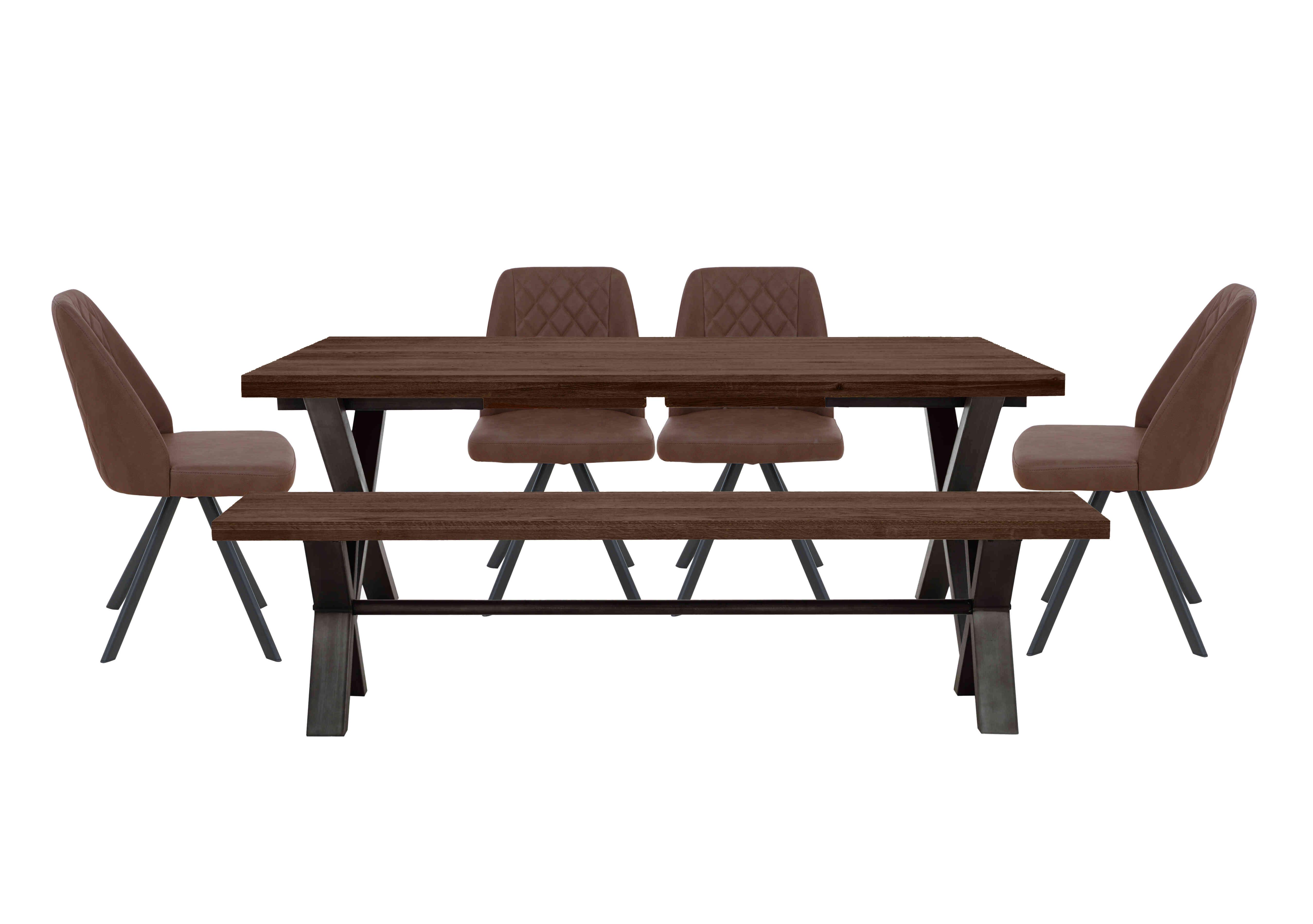 Mars Large Straight Edge Dining Table with 180cm Dining Bench and 4 Faux Leather Swivel Dining Chairs in Tan on Furniture Village