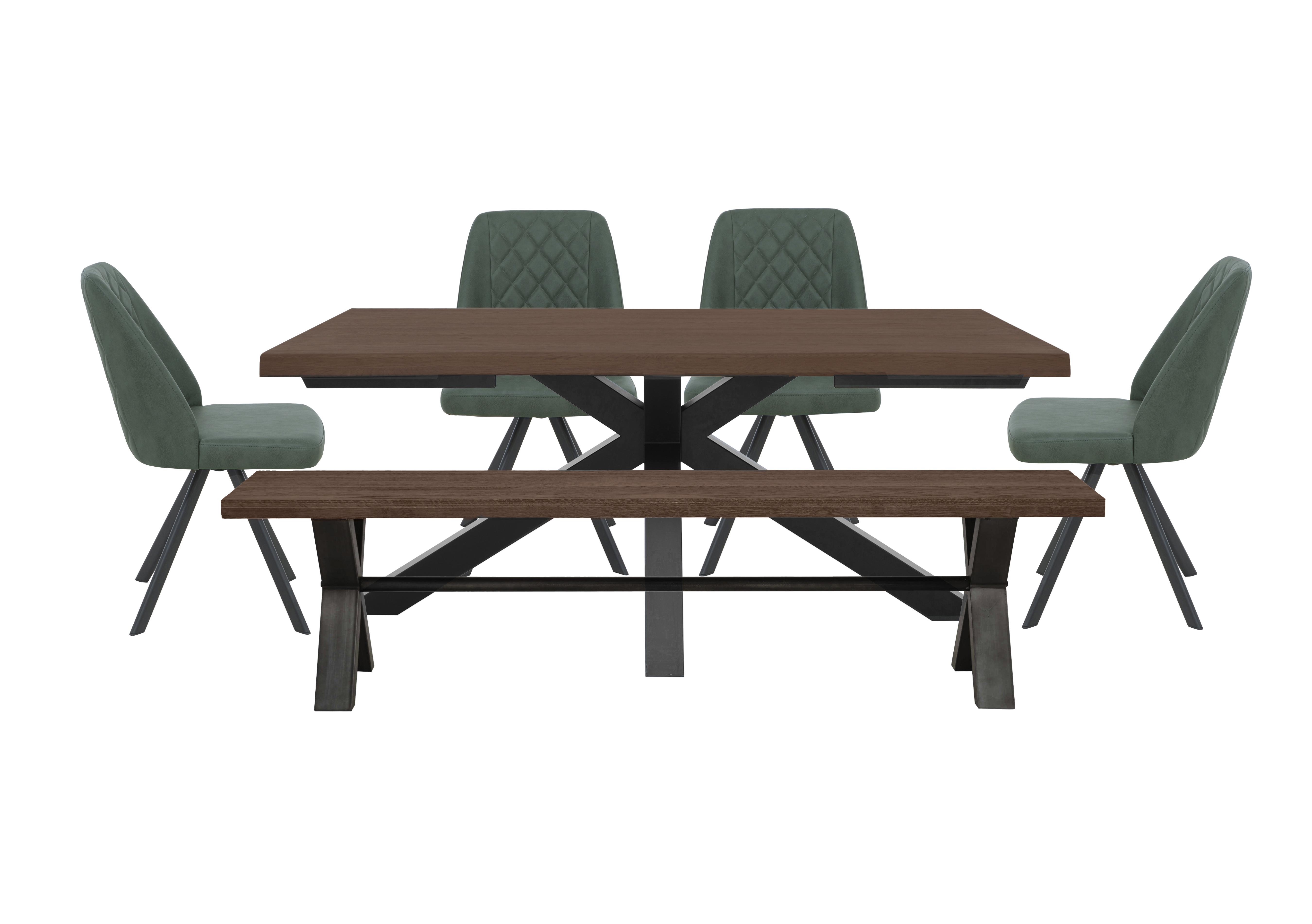 Mars Large Live Edge Dining Table with 180cm Dining Bench and 4 Faux Leather Swivel Dining Chairs in Green on Furniture Village