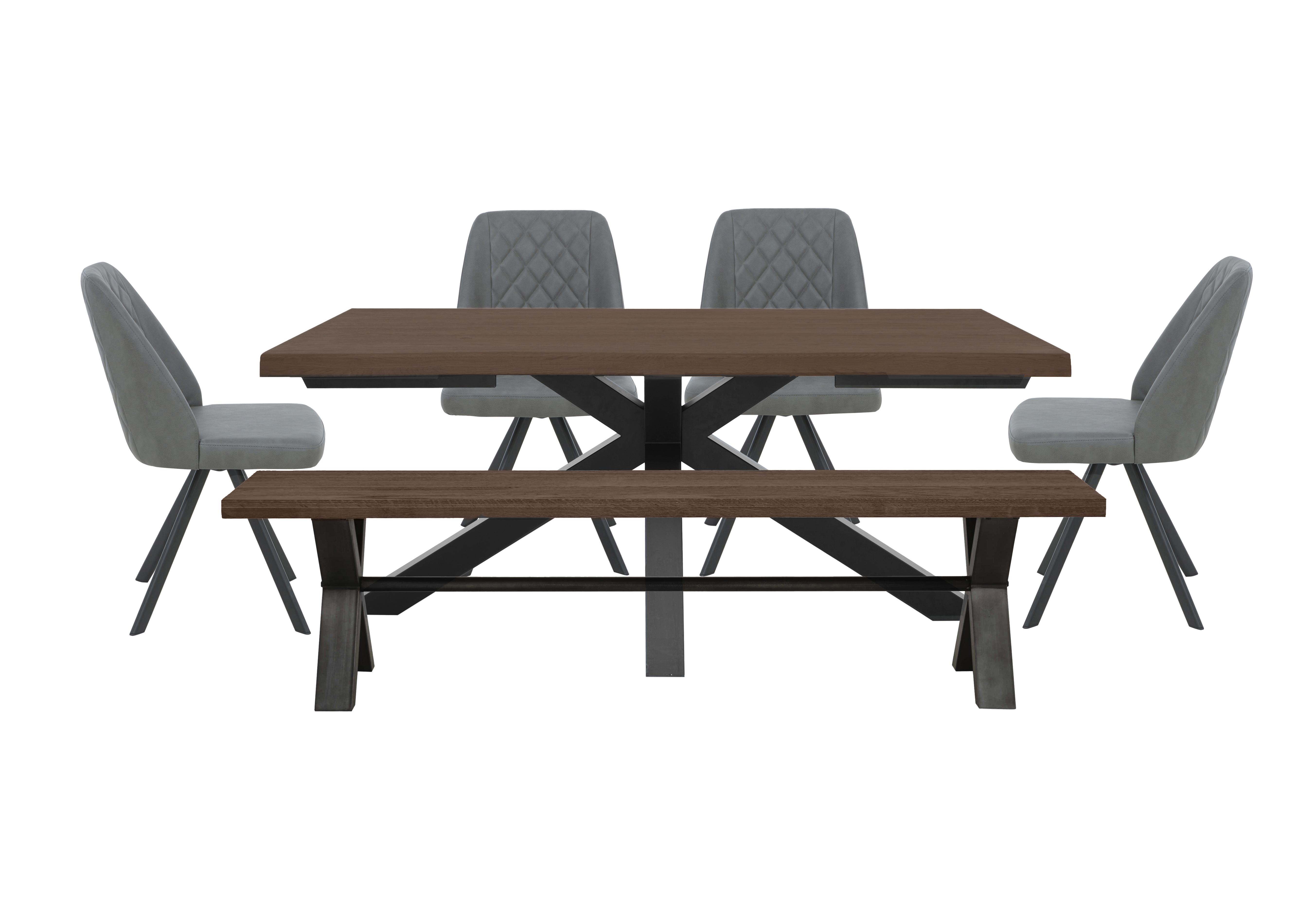 Mars Large Live Edge Dining Table with 180cm Dining Bench and 4 Faux Leather Swivel Dining Chairs in Grey on Furniture Village