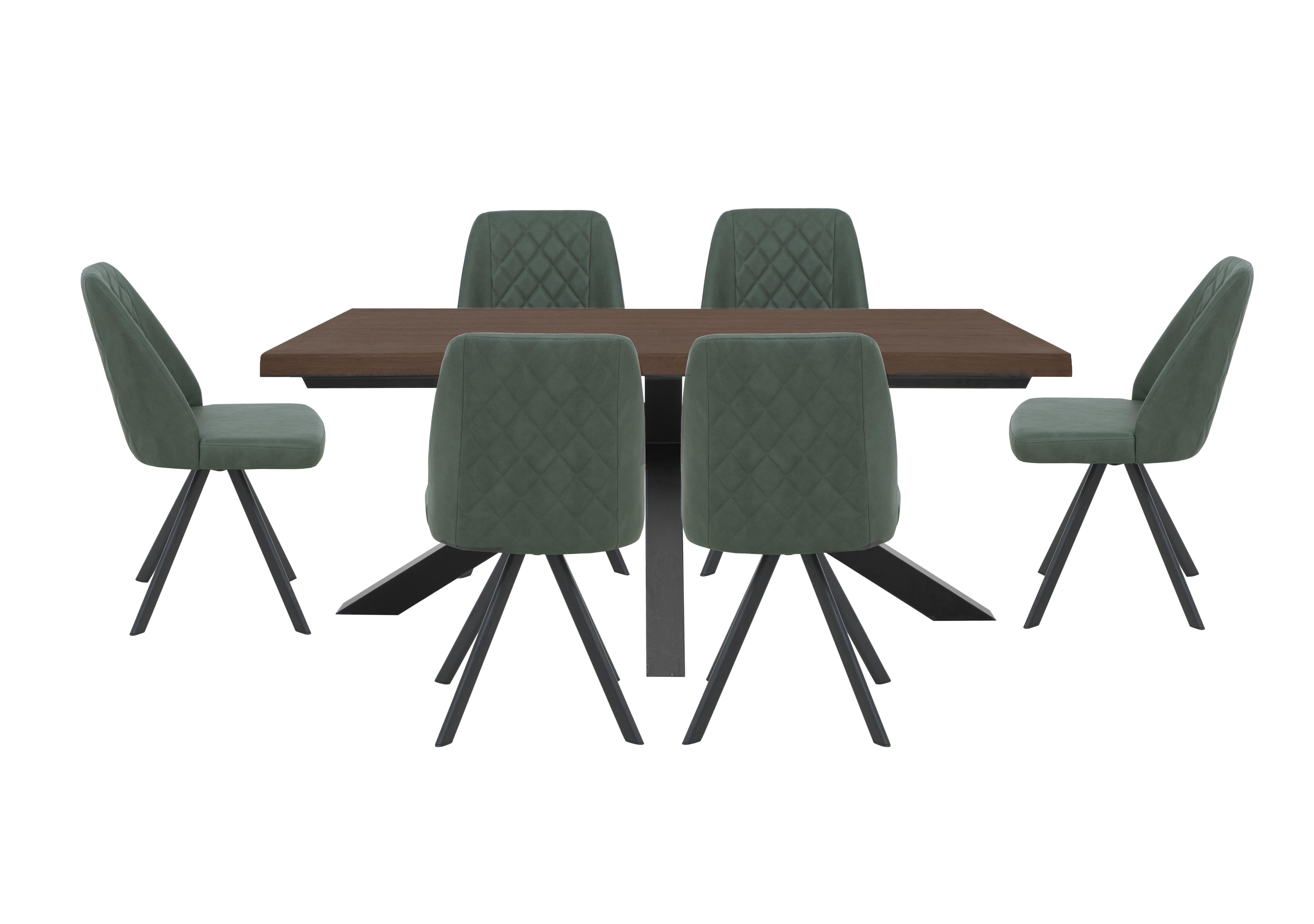 Mars Large Live Edge Dining Table with 6 Faux Leather Swivel Dining Chairs in Green on Furniture Village