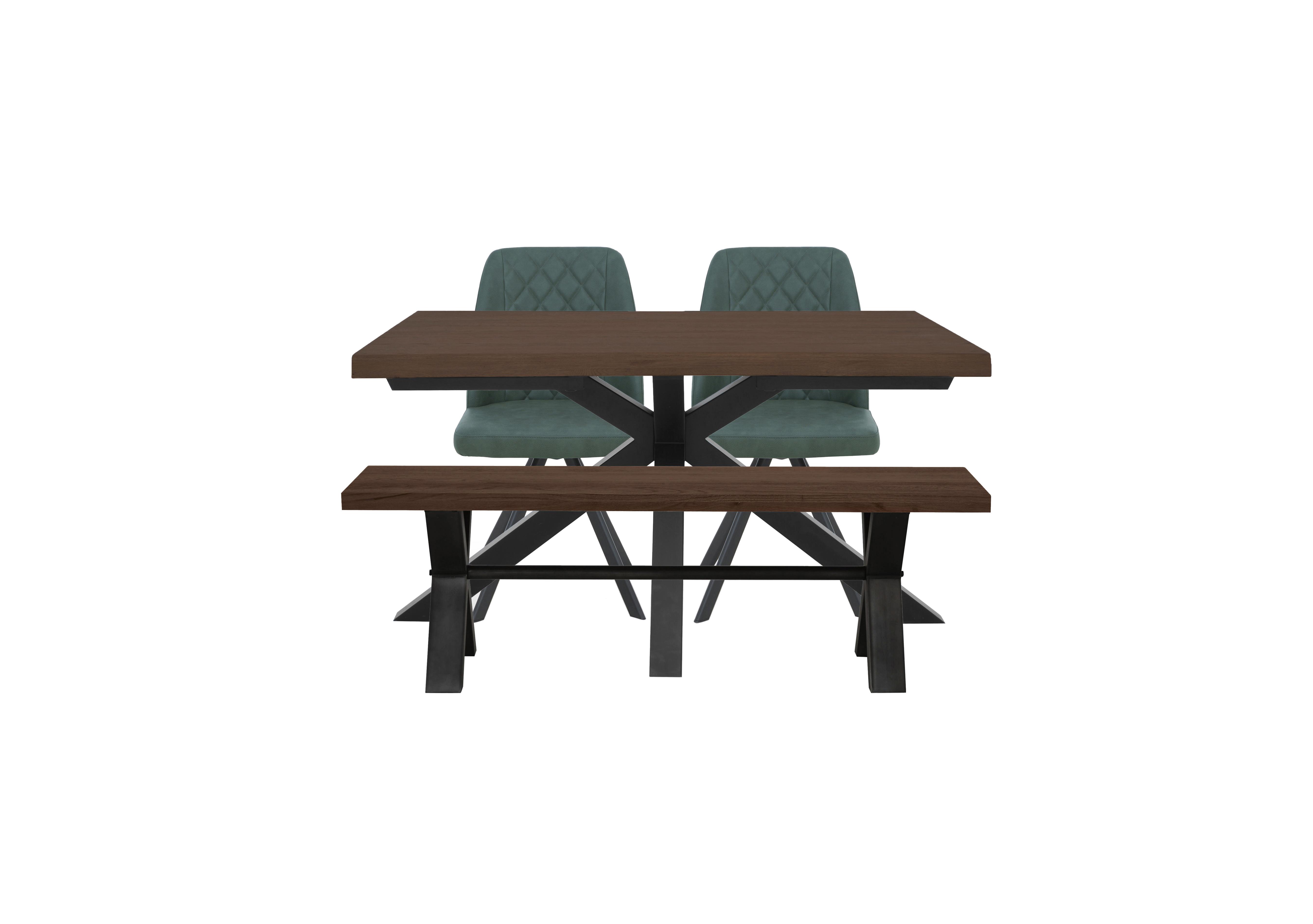Mars Small Live Edge Dining Table with 140cm Dining Bench and 2 Faux Leather Swivel Dining Chairs in Green on Furniture Village