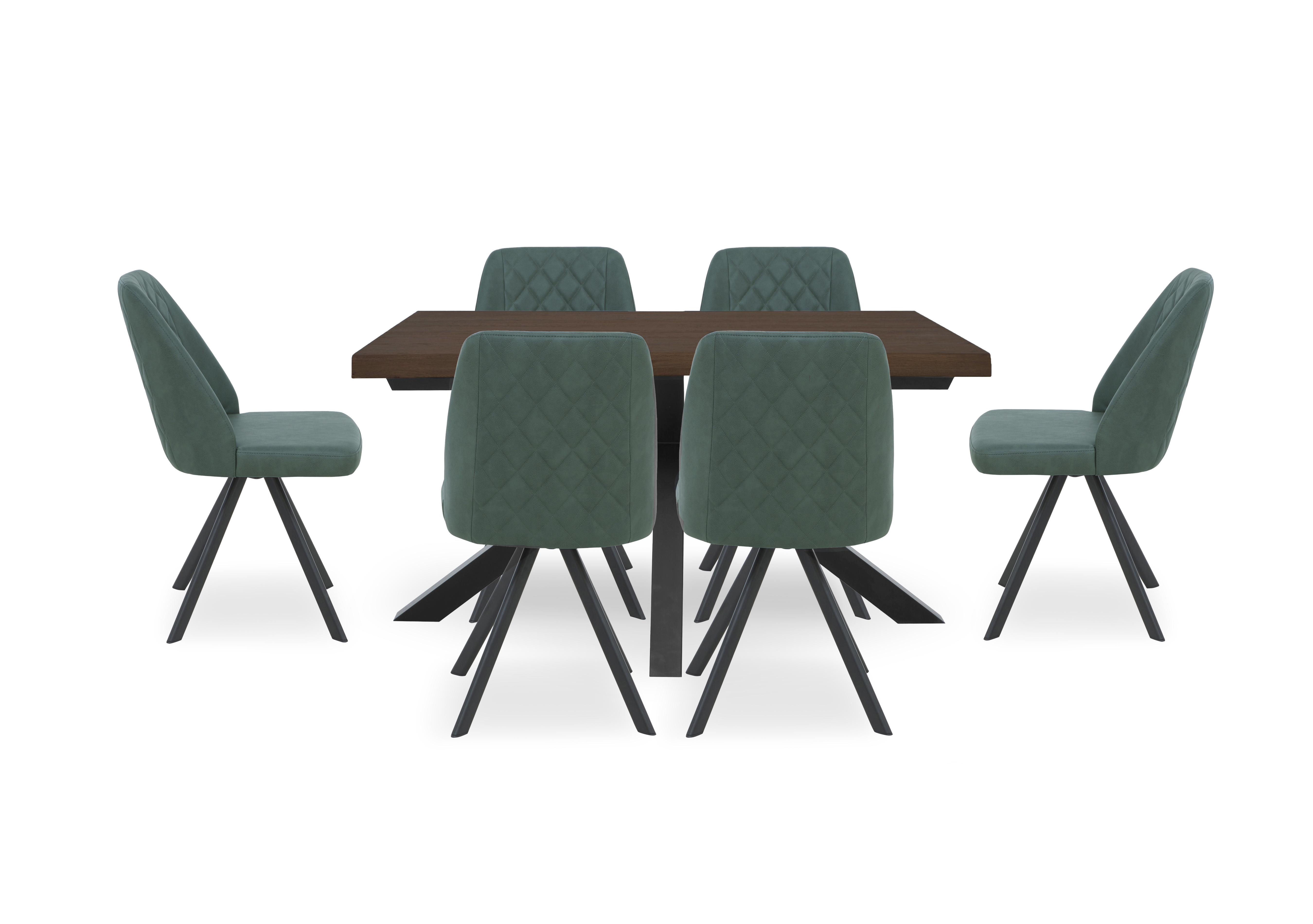 Mars Small Live Edge Dining Table with 6 Faux Leather Swivel Dining Chairs in Green on Furniture Village