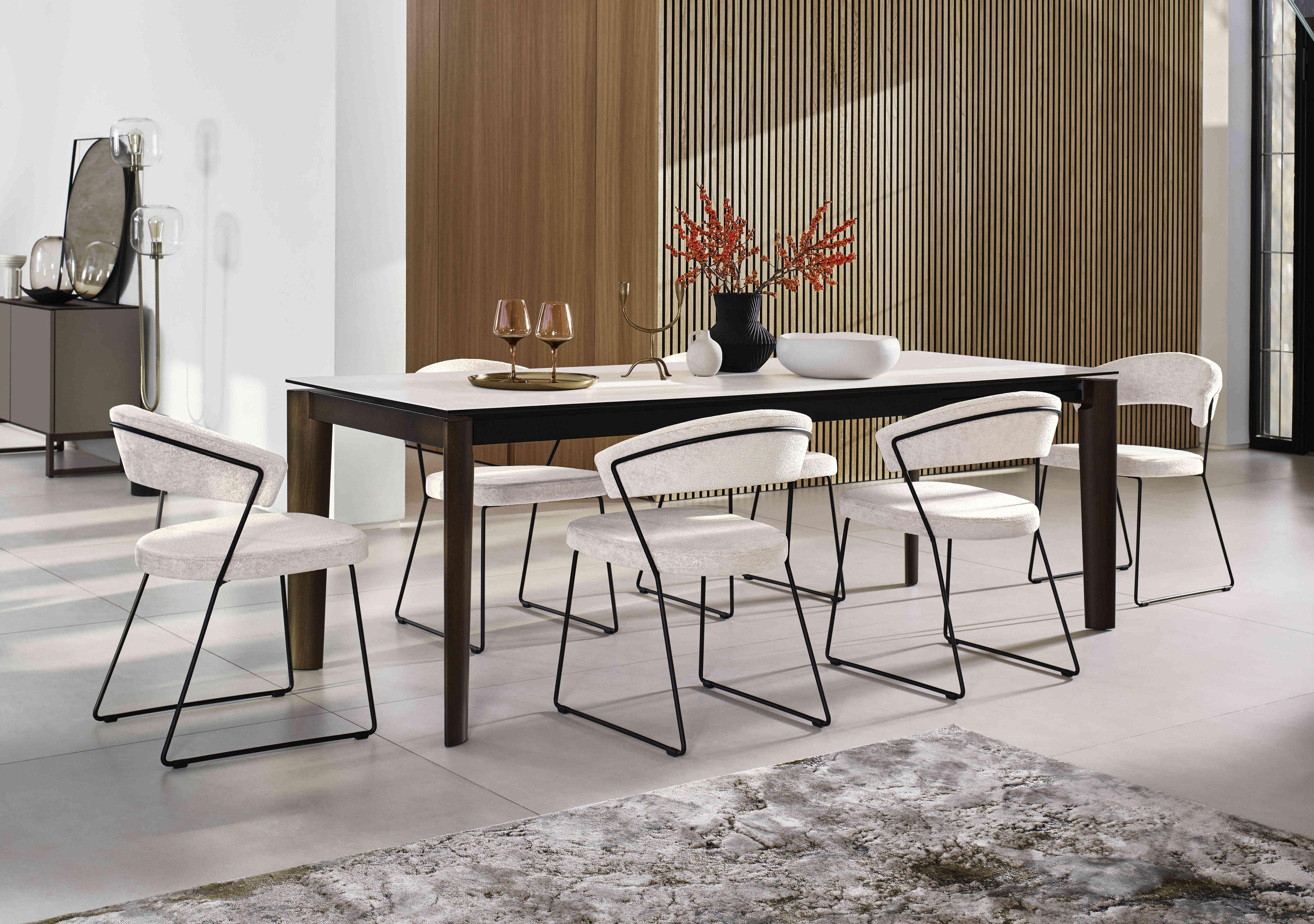 Rosa 160cm Medium Extending Dining Table with Salt White Ceramic Top and Black Metal Legs and 6 New York Dining Chairs in  on Furniture Village