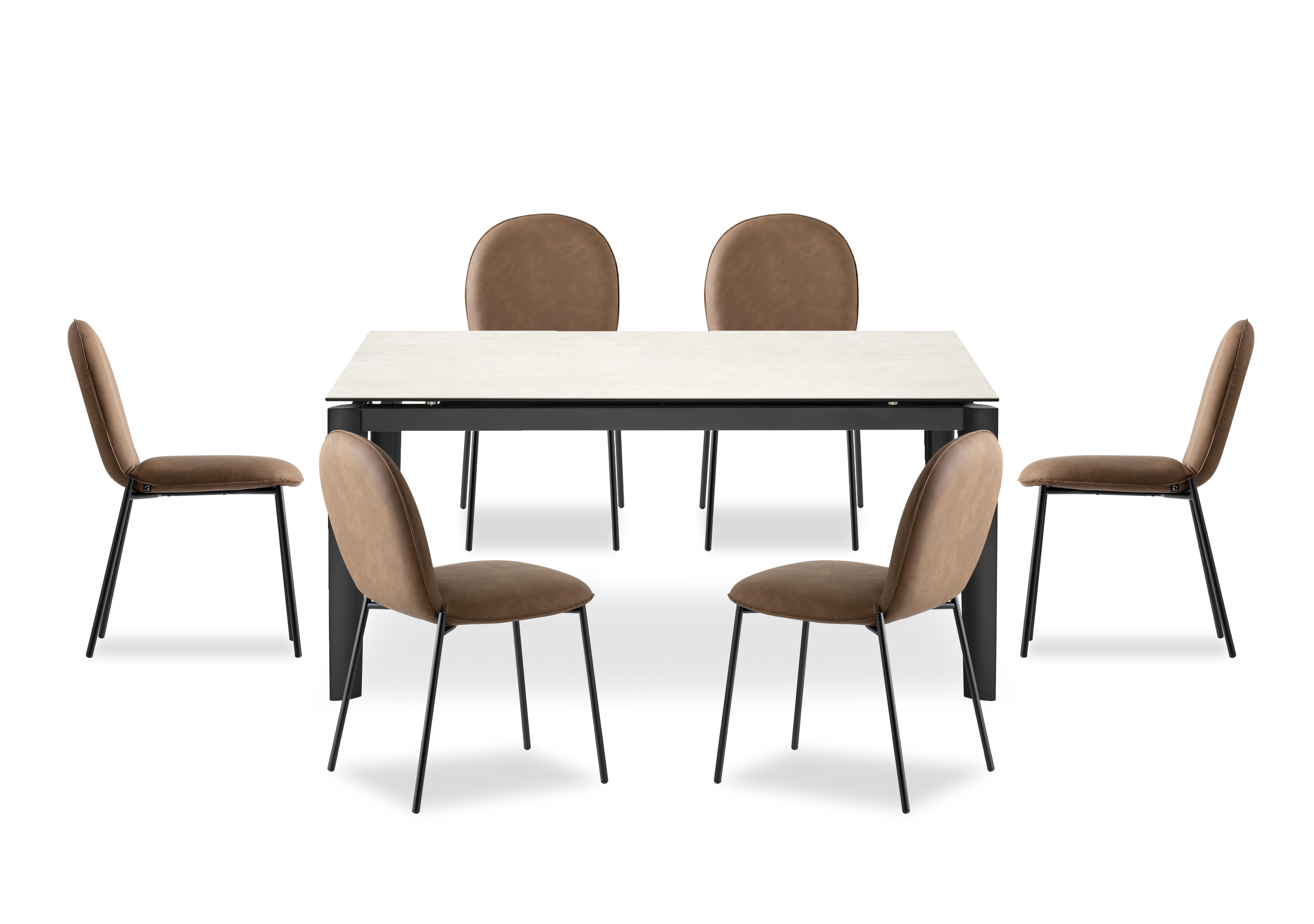 Rosa 160cm Medium Extending Dining Table with Salt White Ceramic Top and Black Metal Legs and 6 Riley Dining Chairs in S0b-Vintage Tobacco on Furniture Village