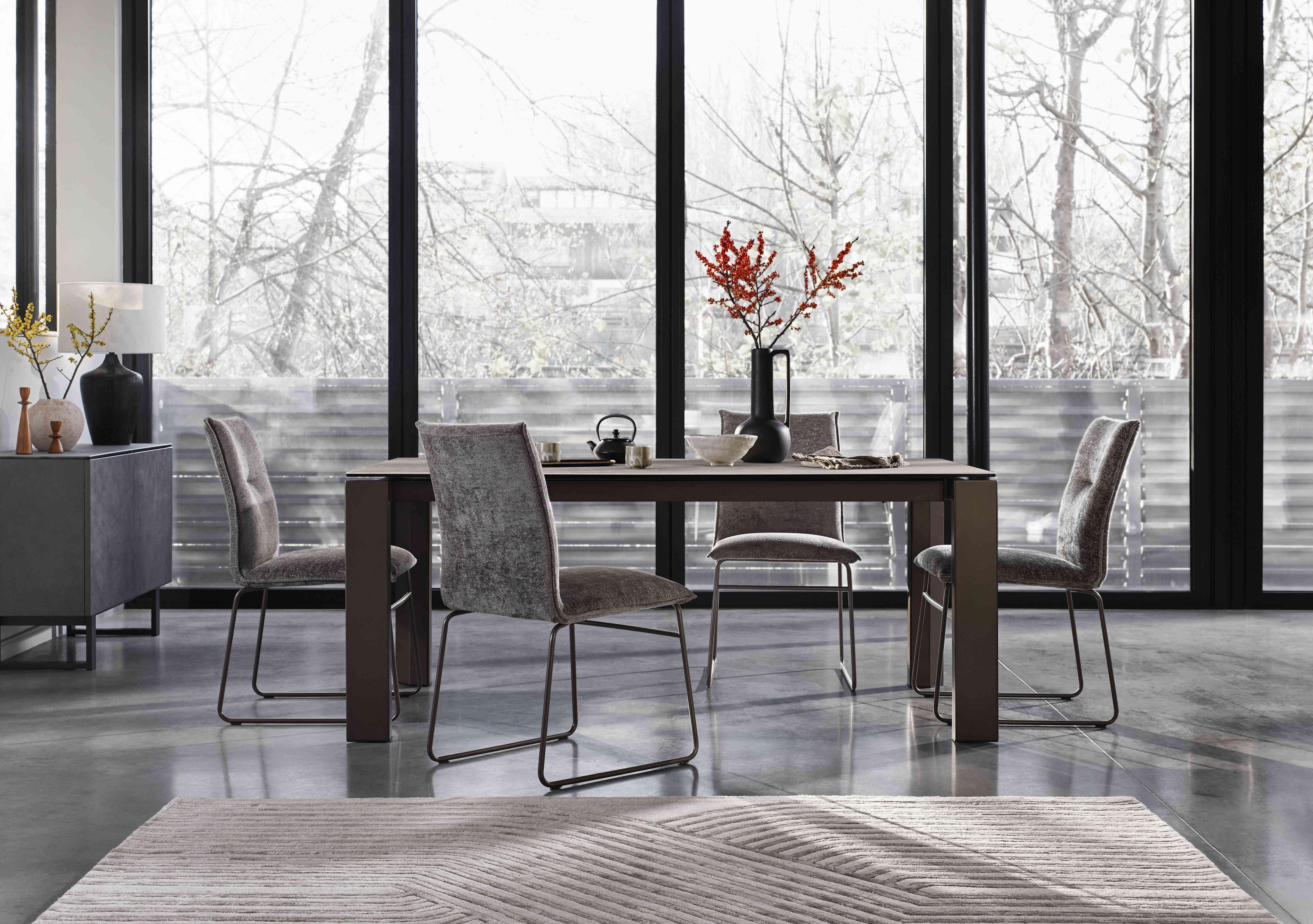 Viola 180cm Large Extending Dining Table with Arenaria Ceramic Top and Lava Metal Legs and 4 Maya Dining Chairs in  on Furniture Village