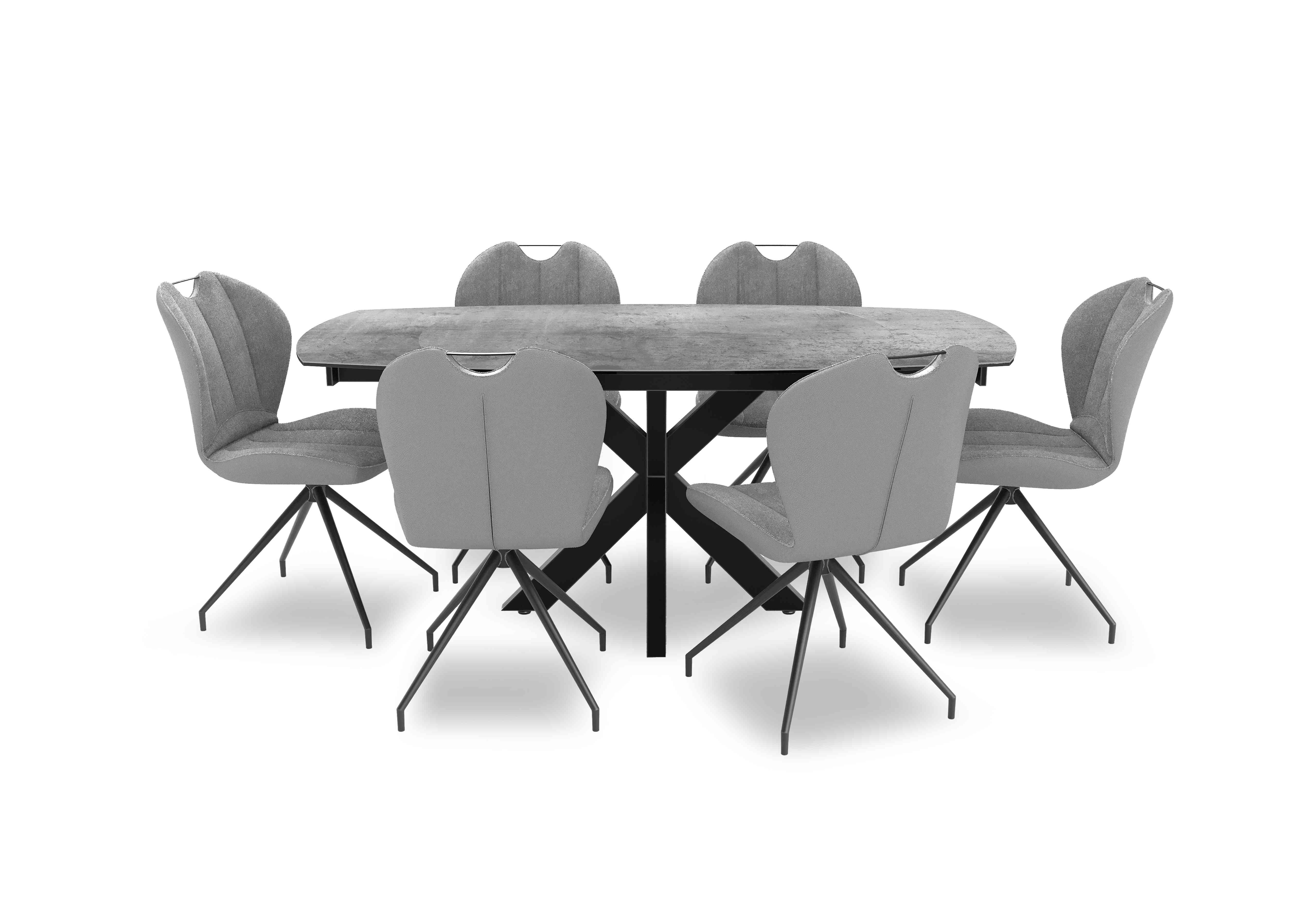 Raul 160cm Swivel Silver Extending Dining Table and 6 Swivel Dining Chairs in Stone on Furniture Village
