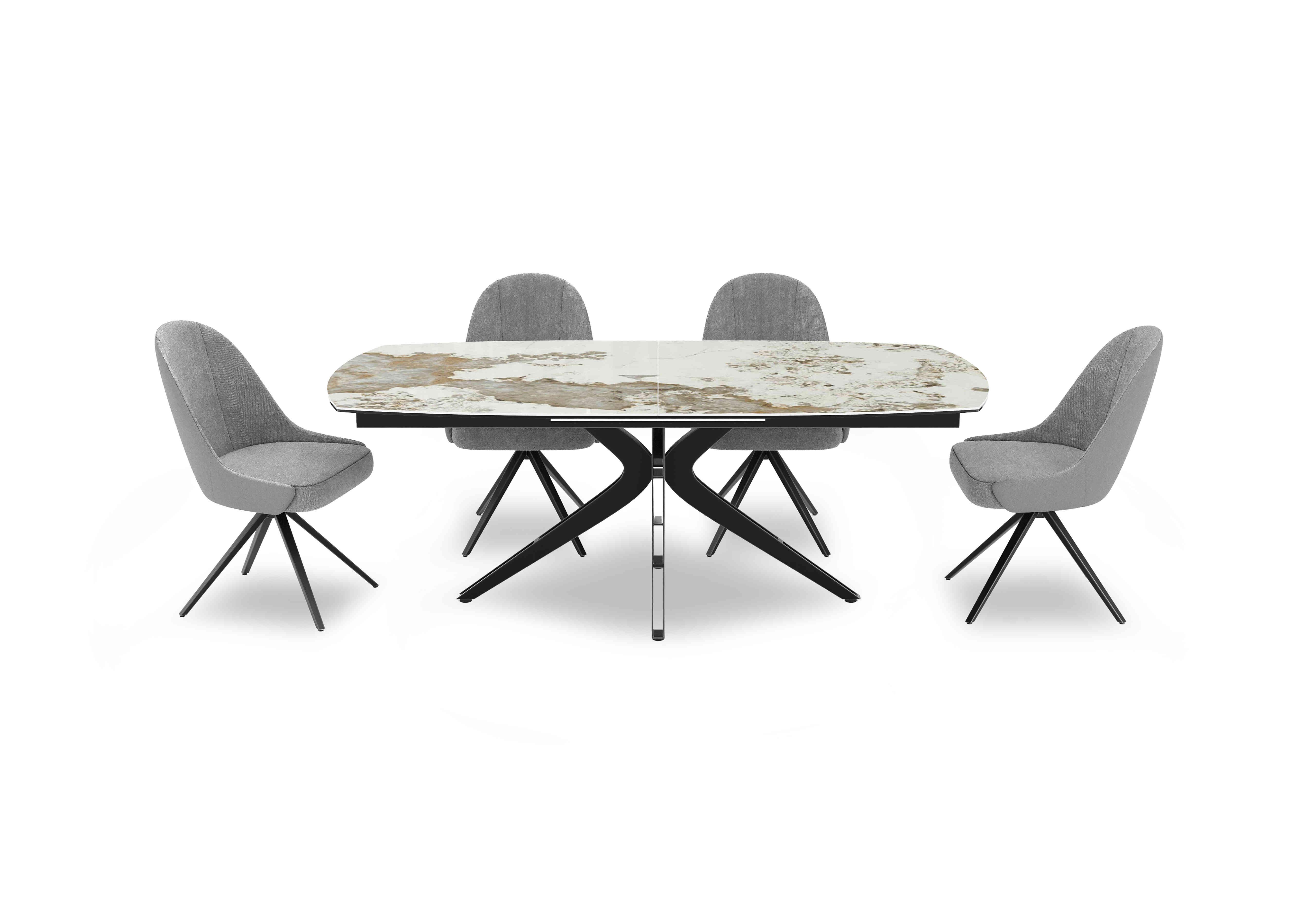 Jose Large Calcatta Marble Pop-up Extending Dining Table with 4 Swivel Dining Chairs in Stone on Furniture Village