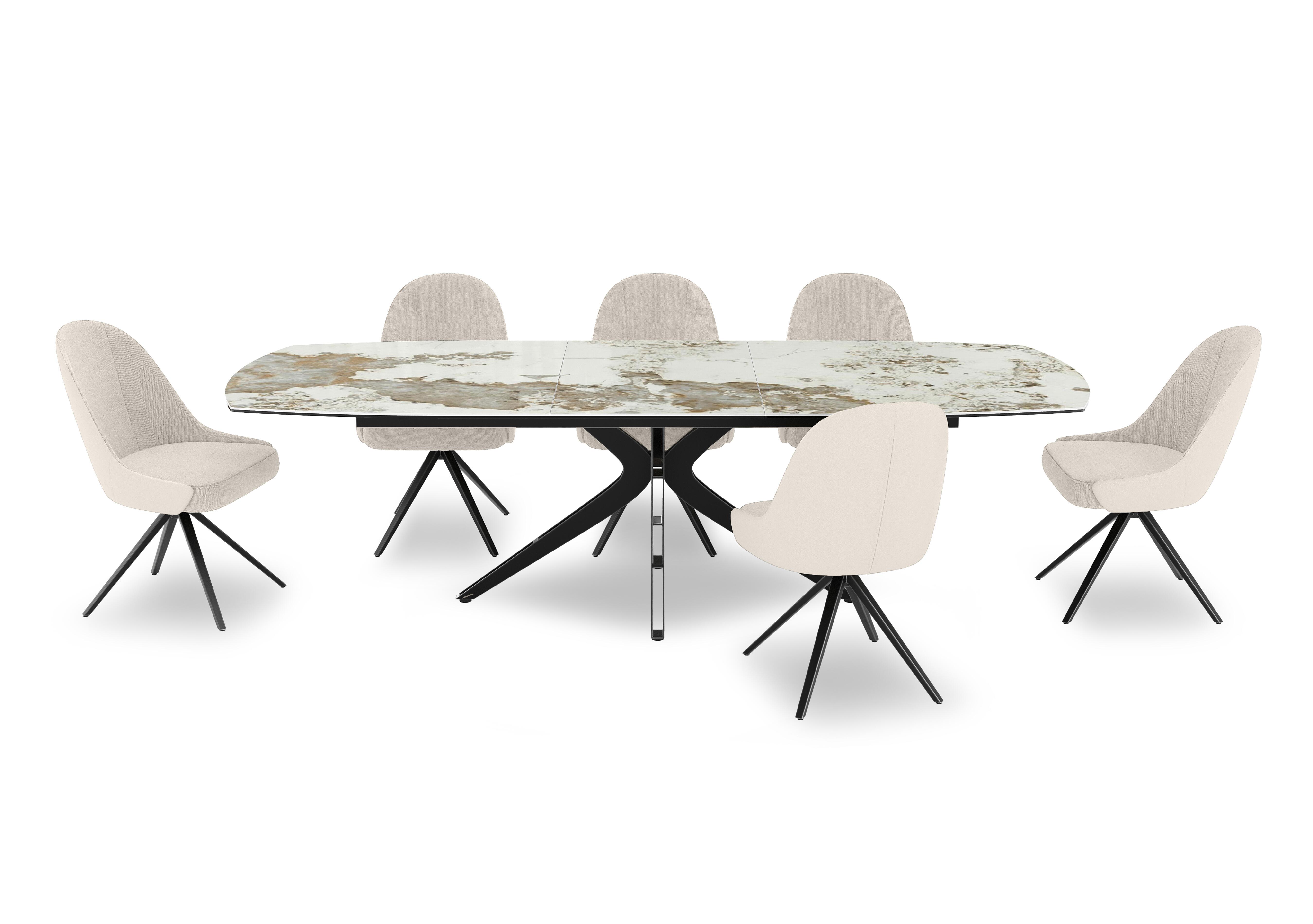 Jose Large Calcatta Marble Pop-up Extending Dining Table with 6 Swivel Dining Chairs in Cream on Furniture Village
