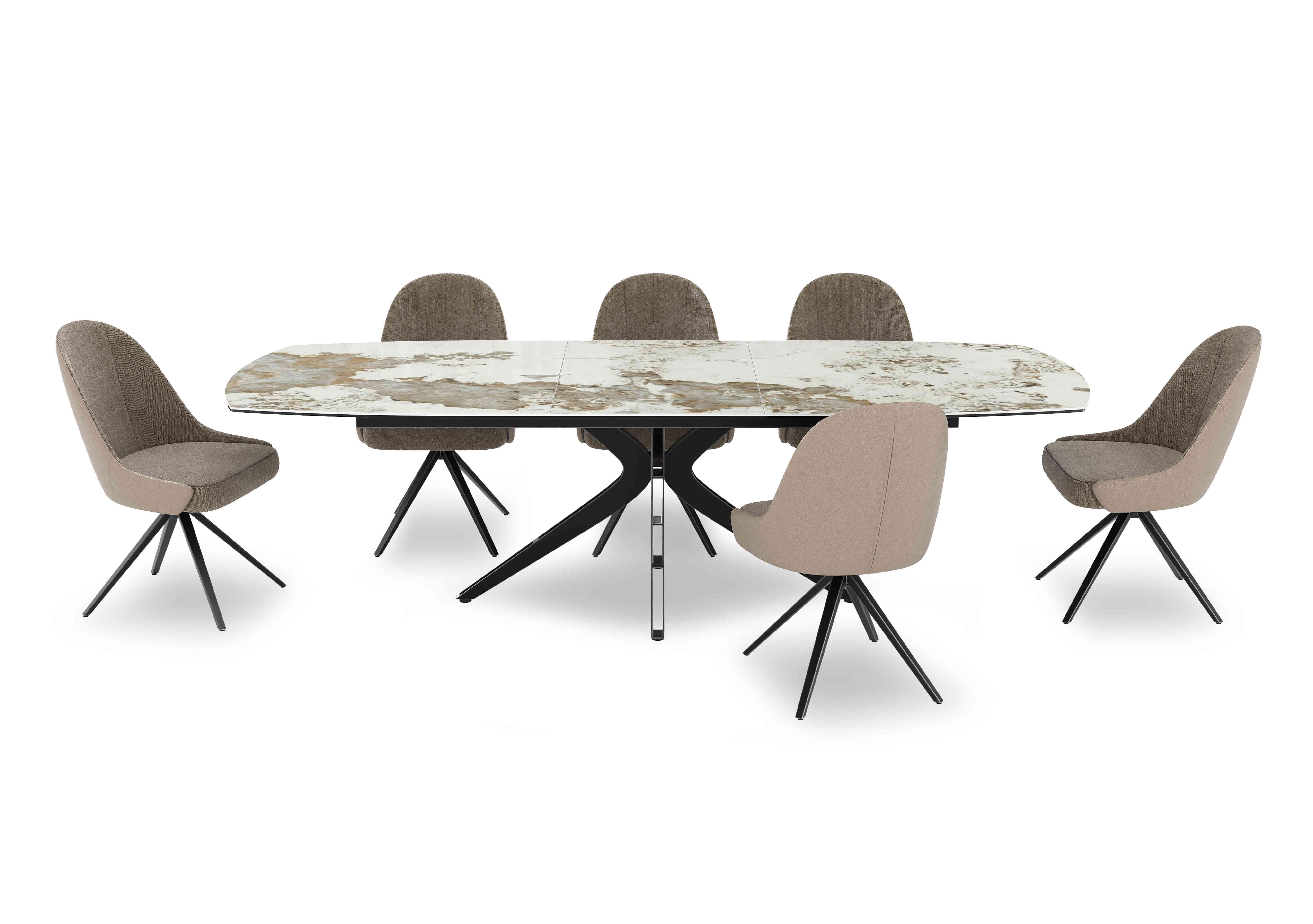 Jose Large Calcatta Marble Pop-up Extending Dining Table with 6 Swivel Dining Chairs in Pebble on Furniture Village